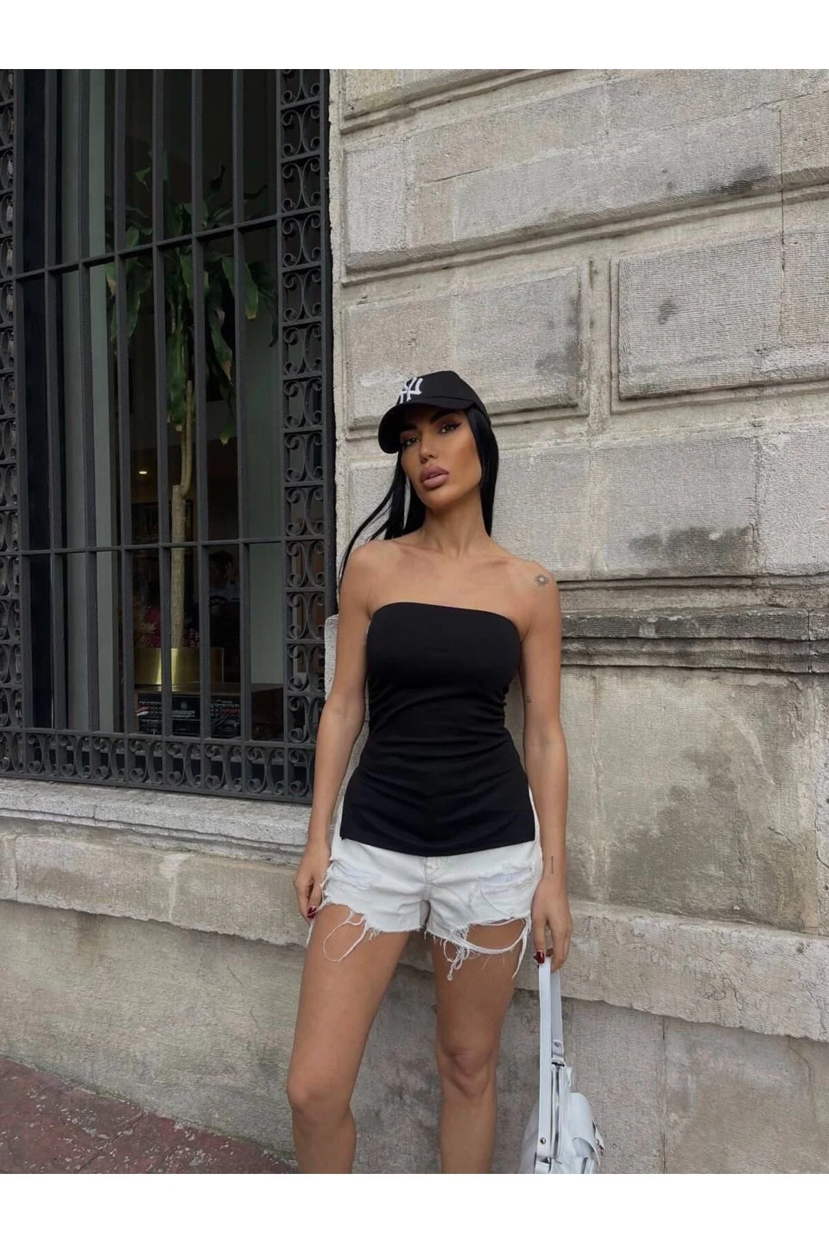 Kadın Straplez Yanları Büzgülü Yırtmaçlı Vücudu Saran Kaşkorse Bluz - Siyah