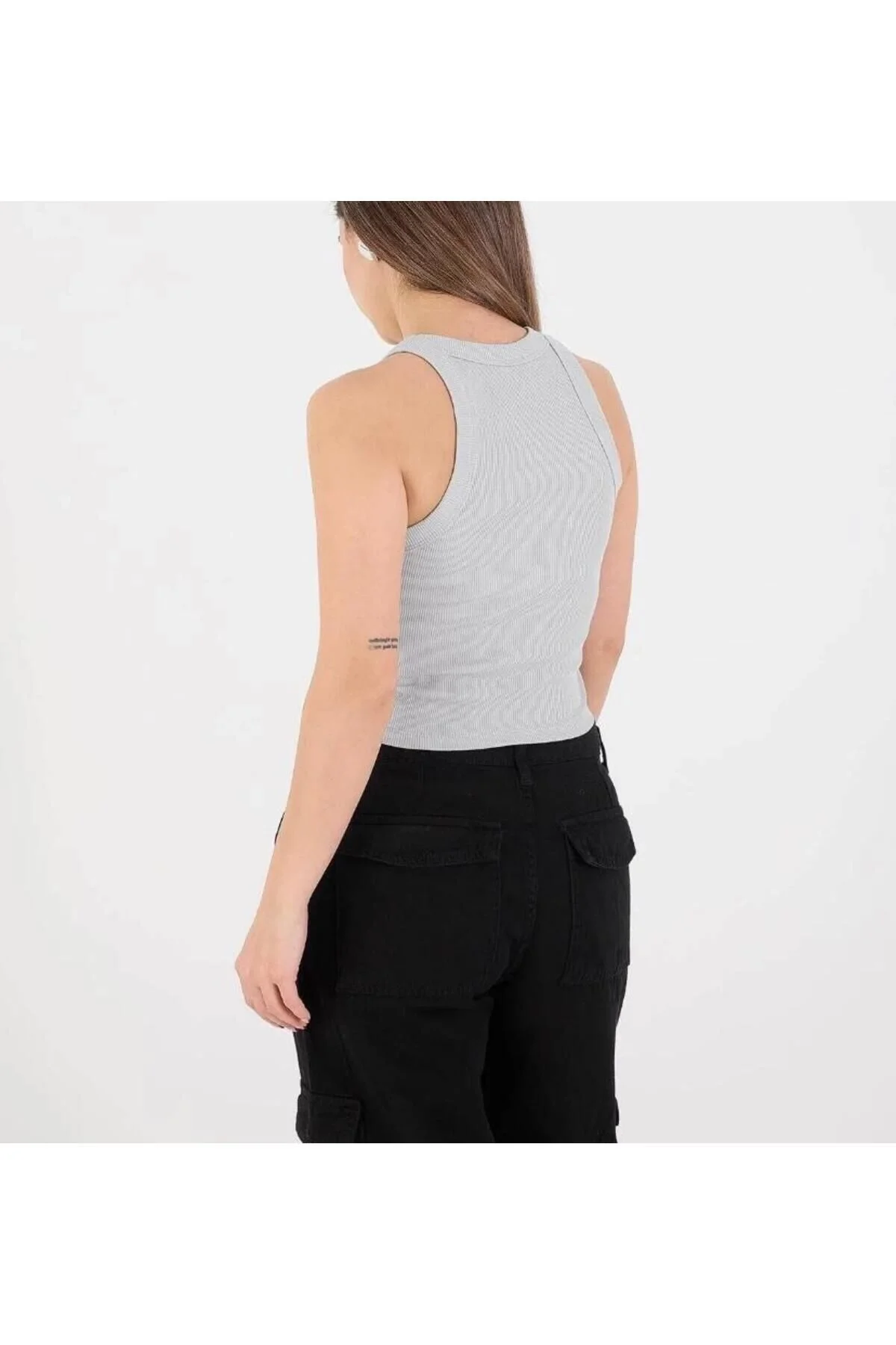 Kadın Halter Yaka Sıfır Kol Vücudu Saran Fitilli Kaşkorse Crop Atlet - Gri