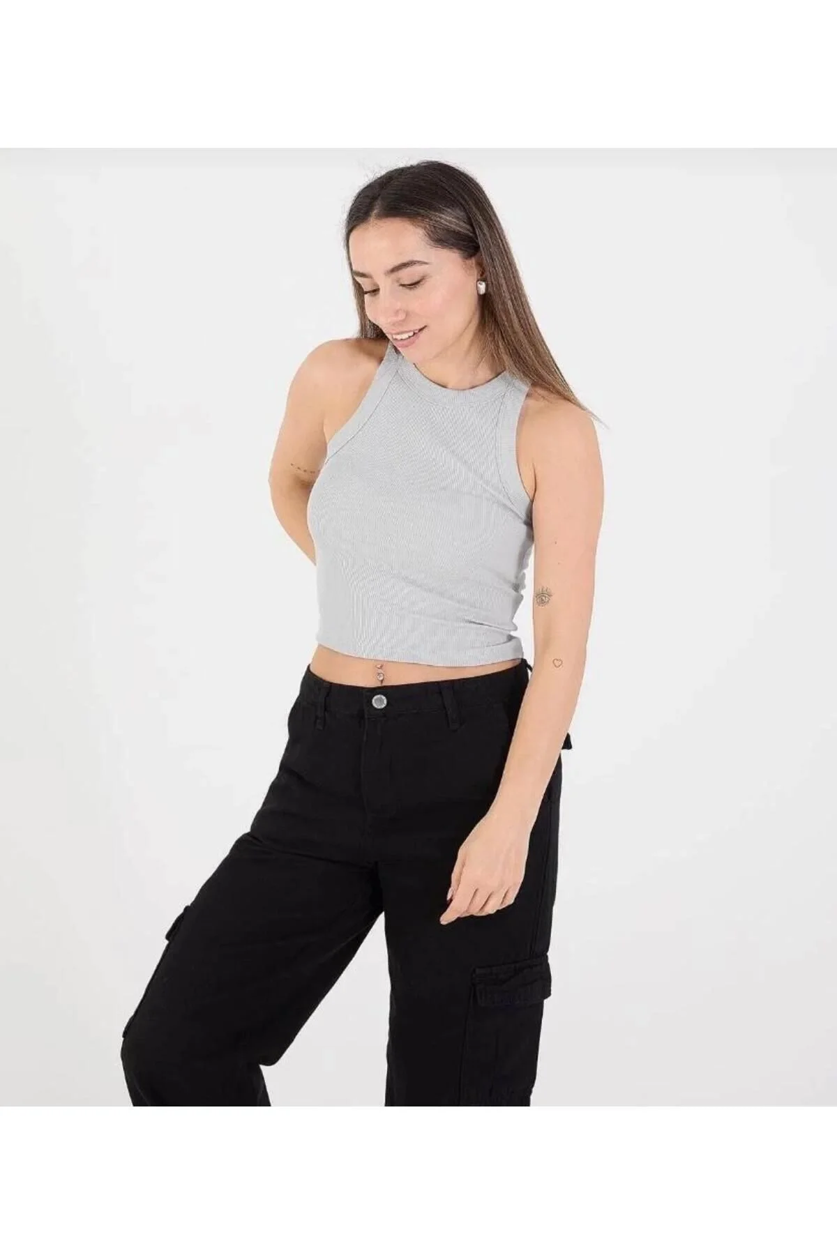 Kadın Halter Yaka Sıfır Kol Vücudu Saran Fitilli Kaşkorse Crop Atlet - Gri