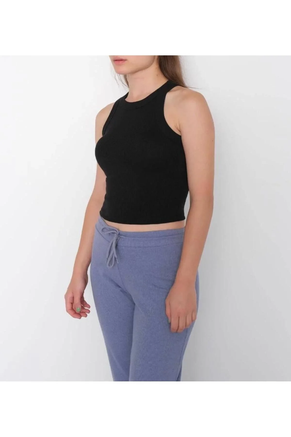 Kadın Halter Yaka Sıfır Kol Vücudu Saran Fitilli Kaşkorse Crop Atlet - Siyah