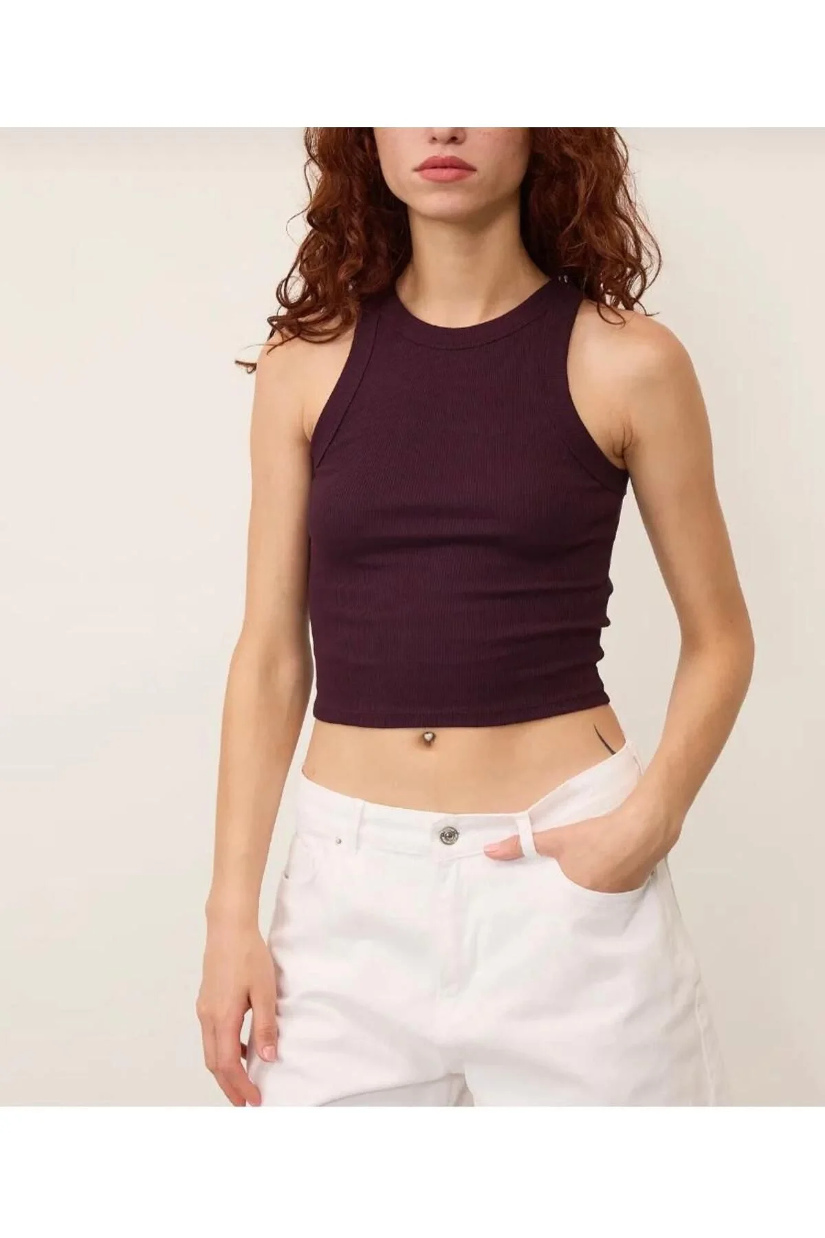 Kadın Halter Yaka Sıfır Kol Vücudu Saran Fitilli Kaşkorse Crop Atlet - Bordo