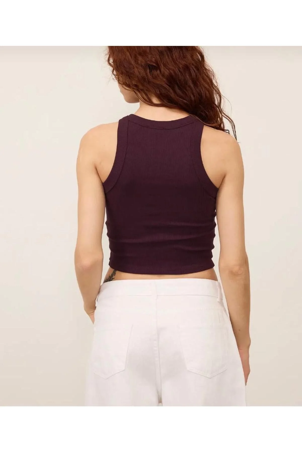 Kadın Halter Yaka Sıfır Kol Vücudu Saran Fitilli Kaşkorse Crop Atlet - Bordo