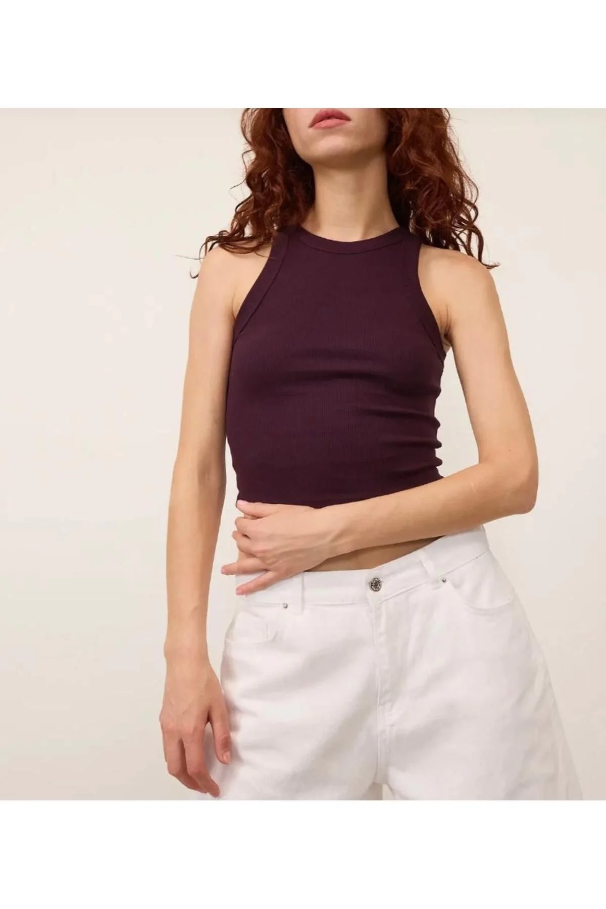 Kadın Halter Yaka Sıfır Kol Vücudu Saran Fitilli Kaşkorse Crop Atlet - Bordo