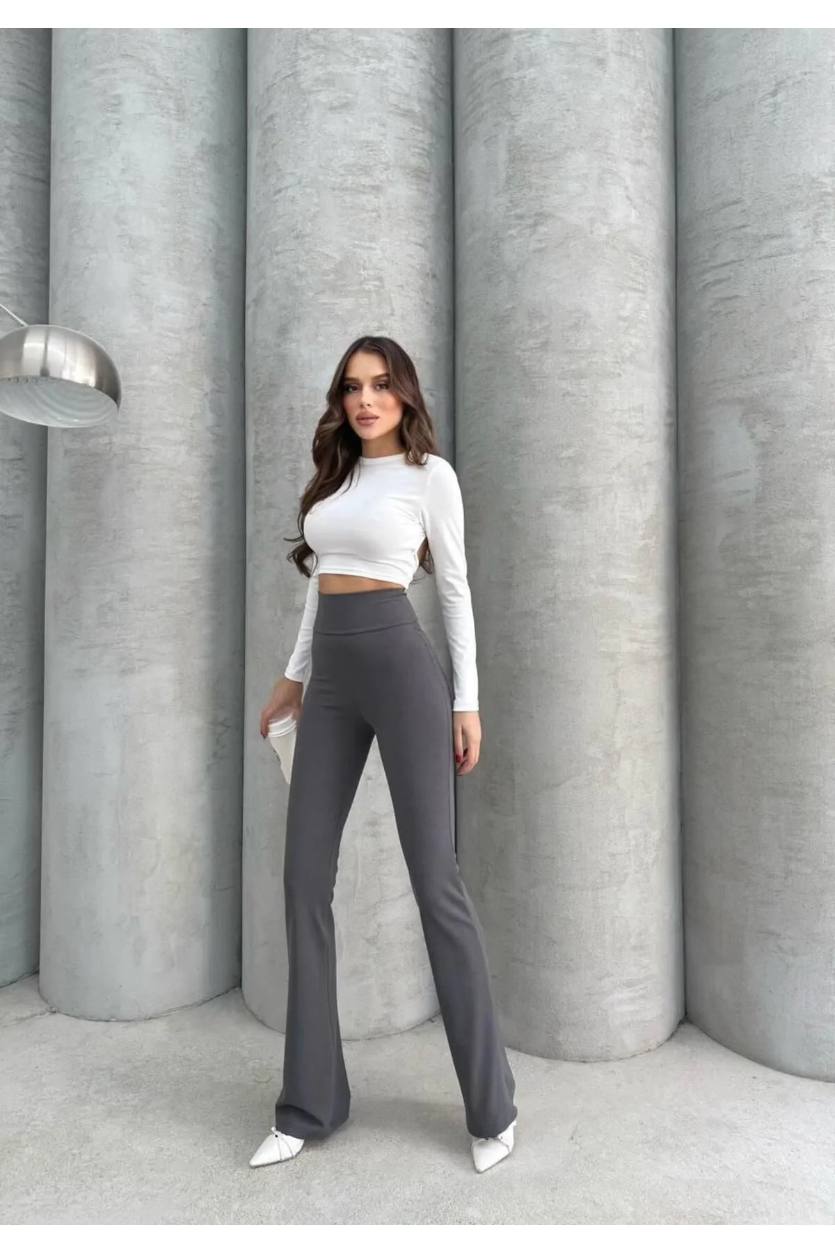 Kadın Yüksek Bel Toparlayıcı Vücudu Saran Scuba Kumaş İspanyol Paça Tayt Pantolon - Füme