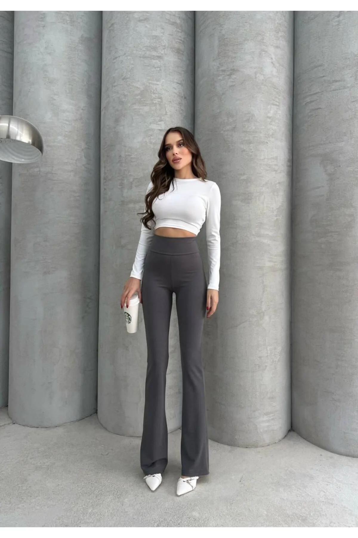 Kadın Yüksek Bel Toparlayıcı Vücudu Saran Scuba Kumaş İspanyol Paça Tayt Pantolon - Füme