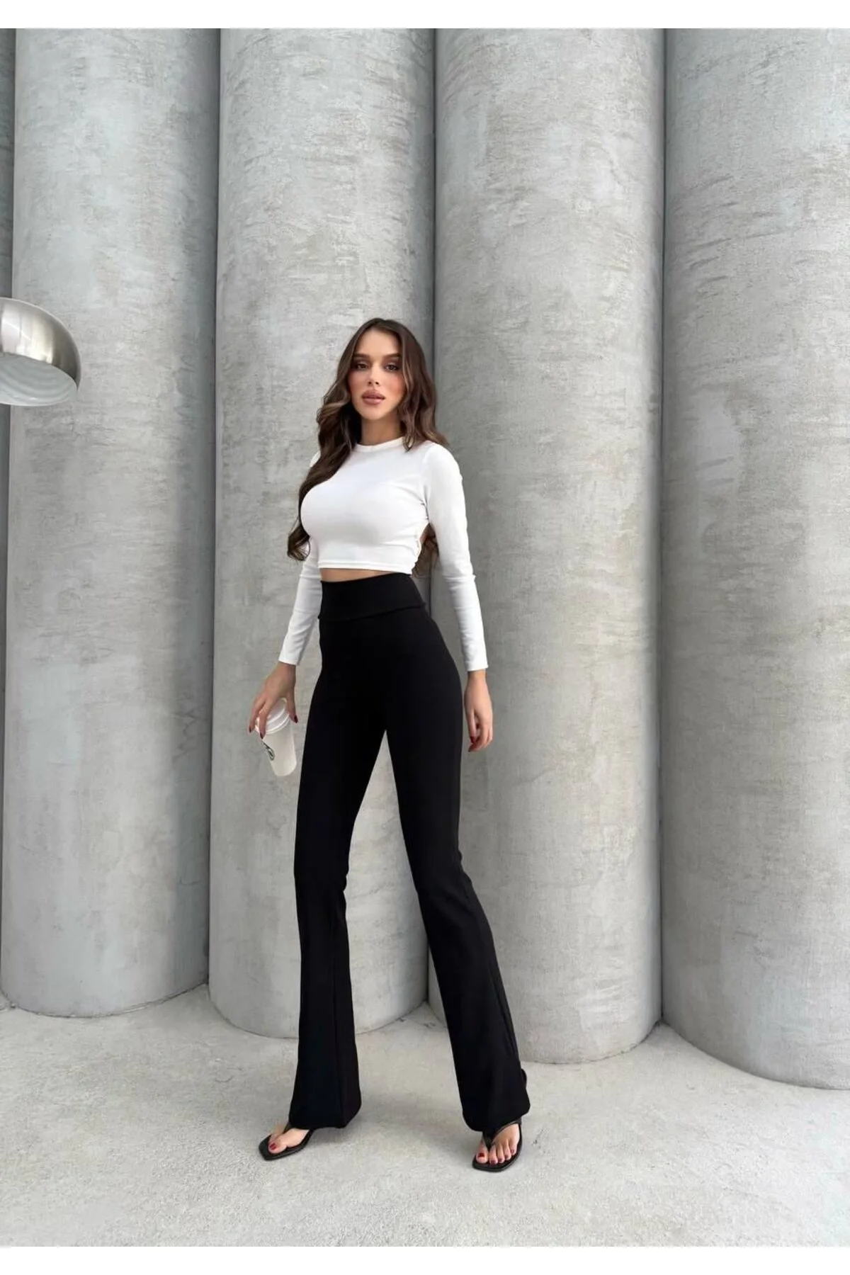 Kadın Yüksek Bel Toparlayıcı Vücudu Saran Scuba Kumaş İspanyol Paça Tayt Pantolon - Siyah