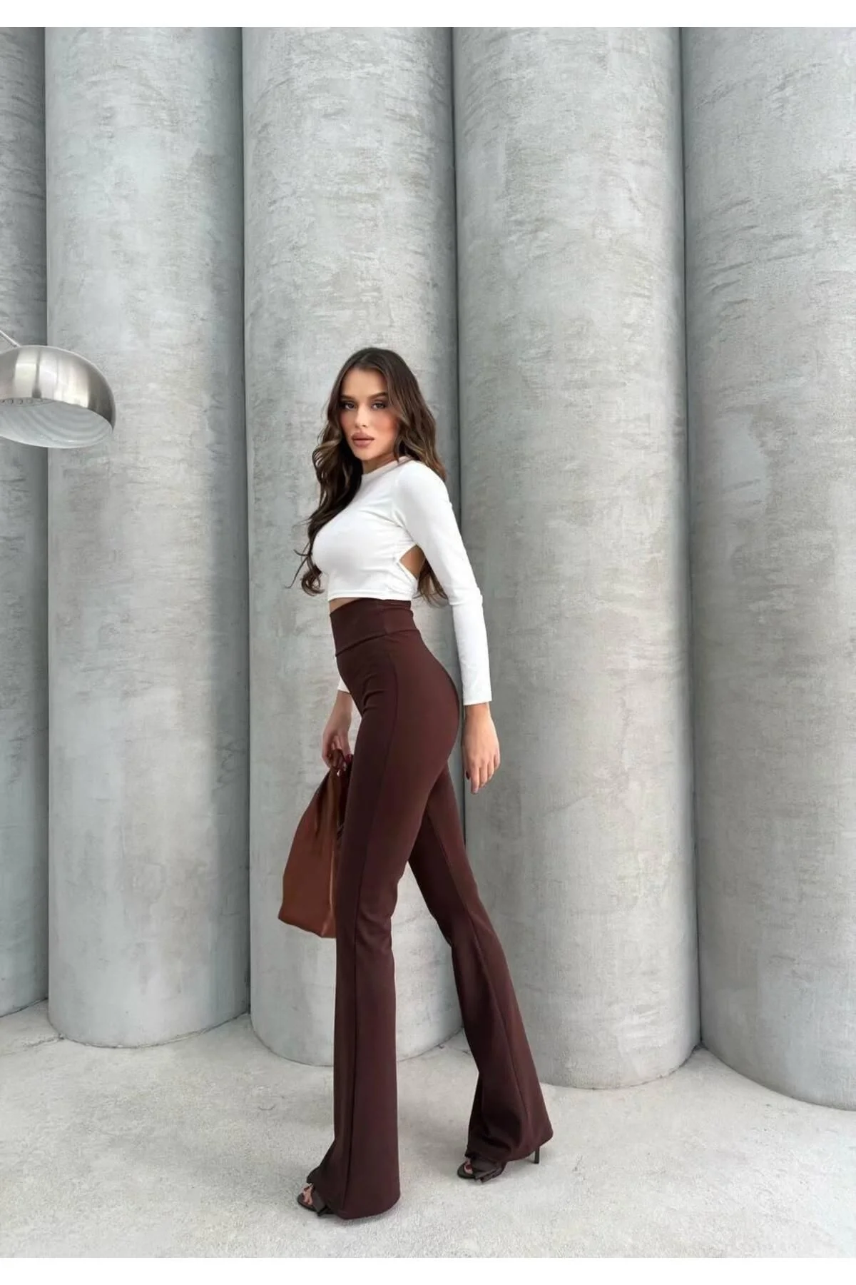 Kadın Yüksek Bel Toparlayıcı Vücudu Saran Scuba Kumaş İspanyol Paça Tayt Pantolon - Bordo