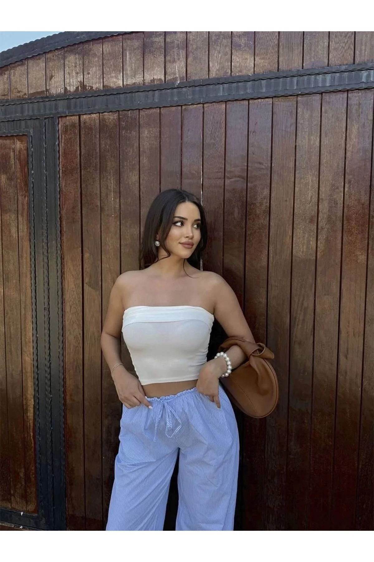 Kadın Straplez Vücudu Saran Göğüs Kıvrımlı Fitilli Kaşkorse Basic Crop Bluz - Beyaz