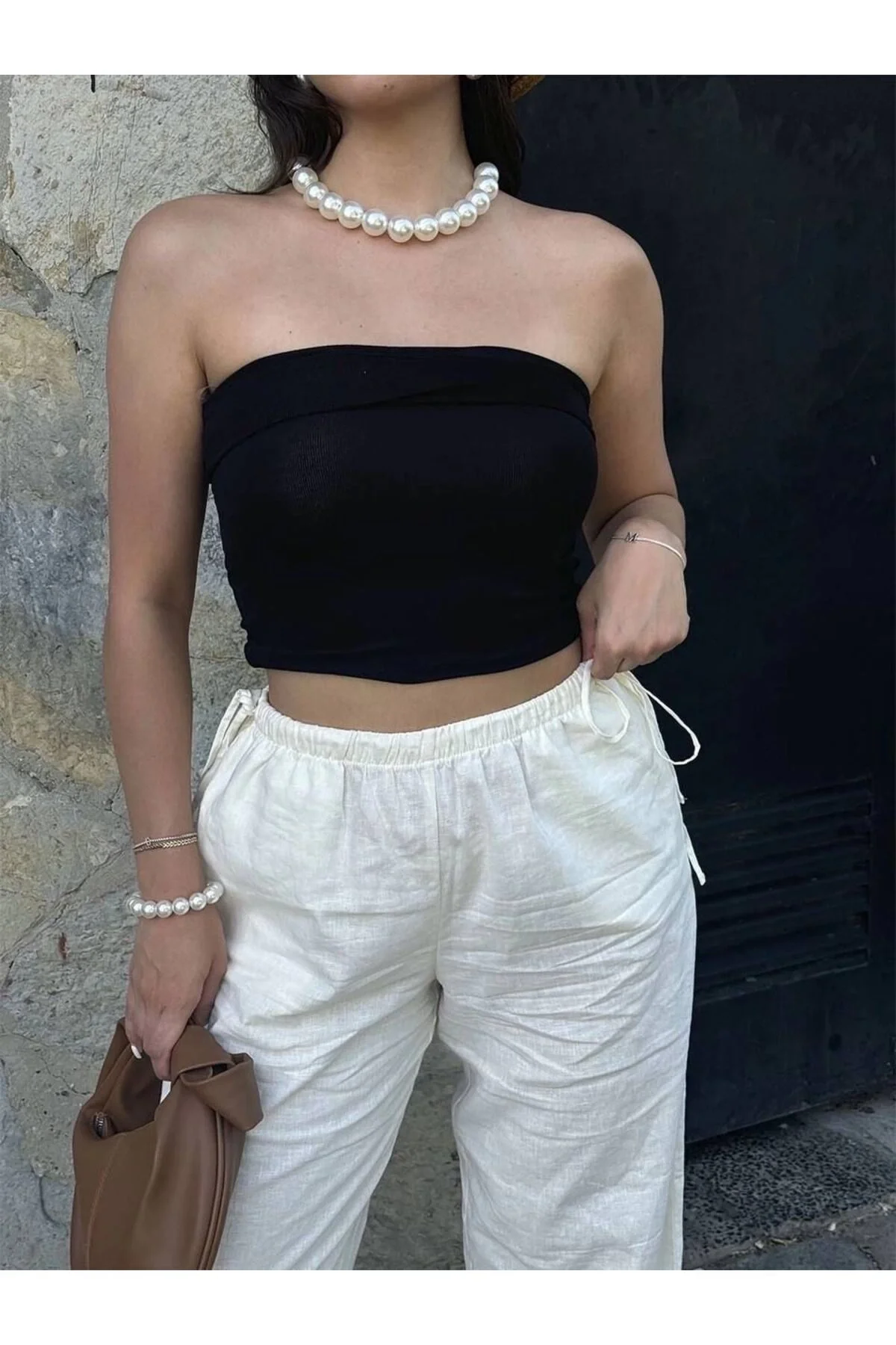 Kadın Straplez Vücudu Saran Göğüs Kıvrımlı Fitilli Kaşkorse Basic Crop Bluz - Siyah