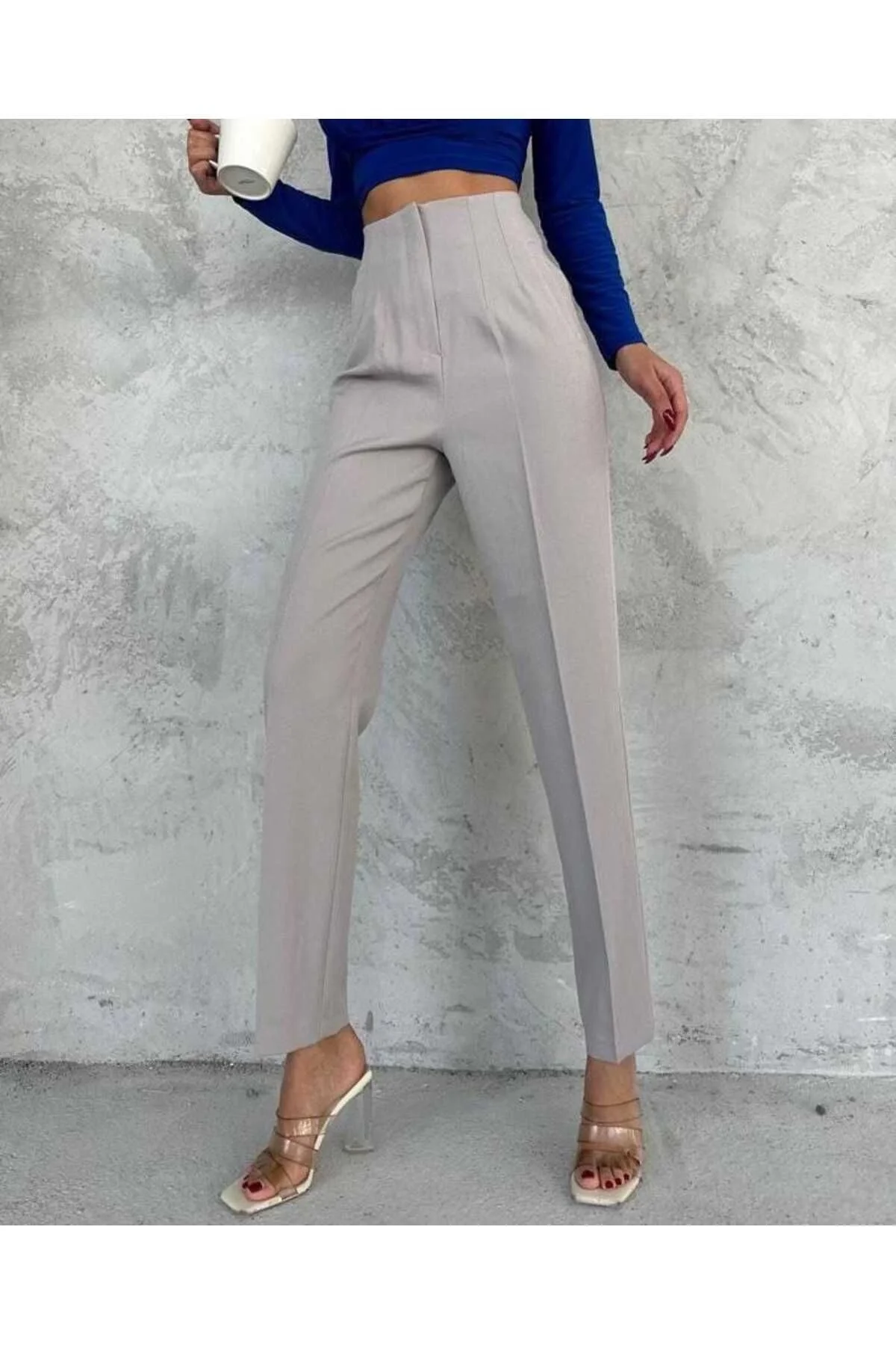 Kadın Yüksek Bel Cepli Önü Çift Pileli Havuç Kesim Kumaş Pantolon - Gri