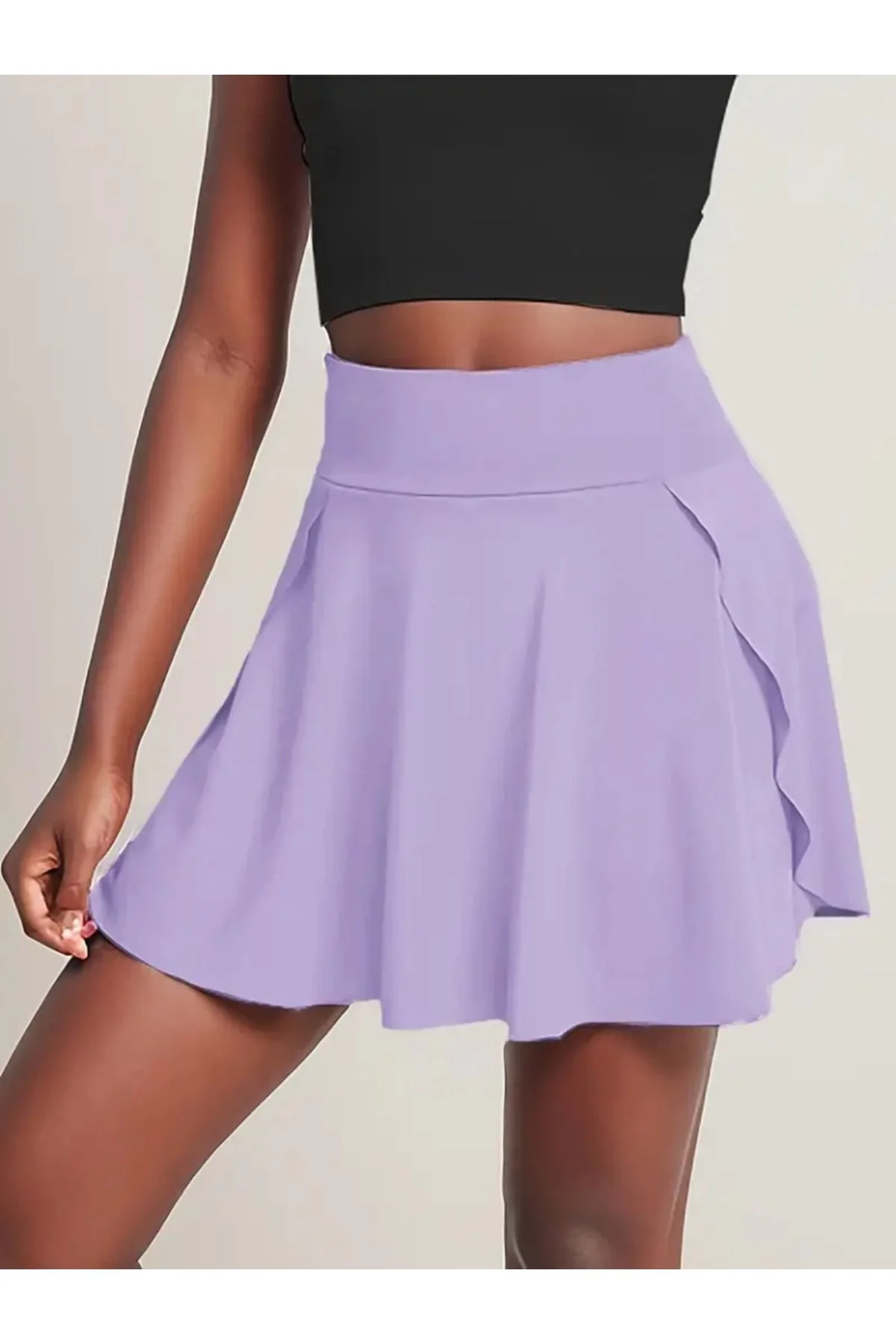 Kadın Yüksek Bel Cepli Kloş Kesim Şortlu Vücudu Saran Tenis Etek - Lila