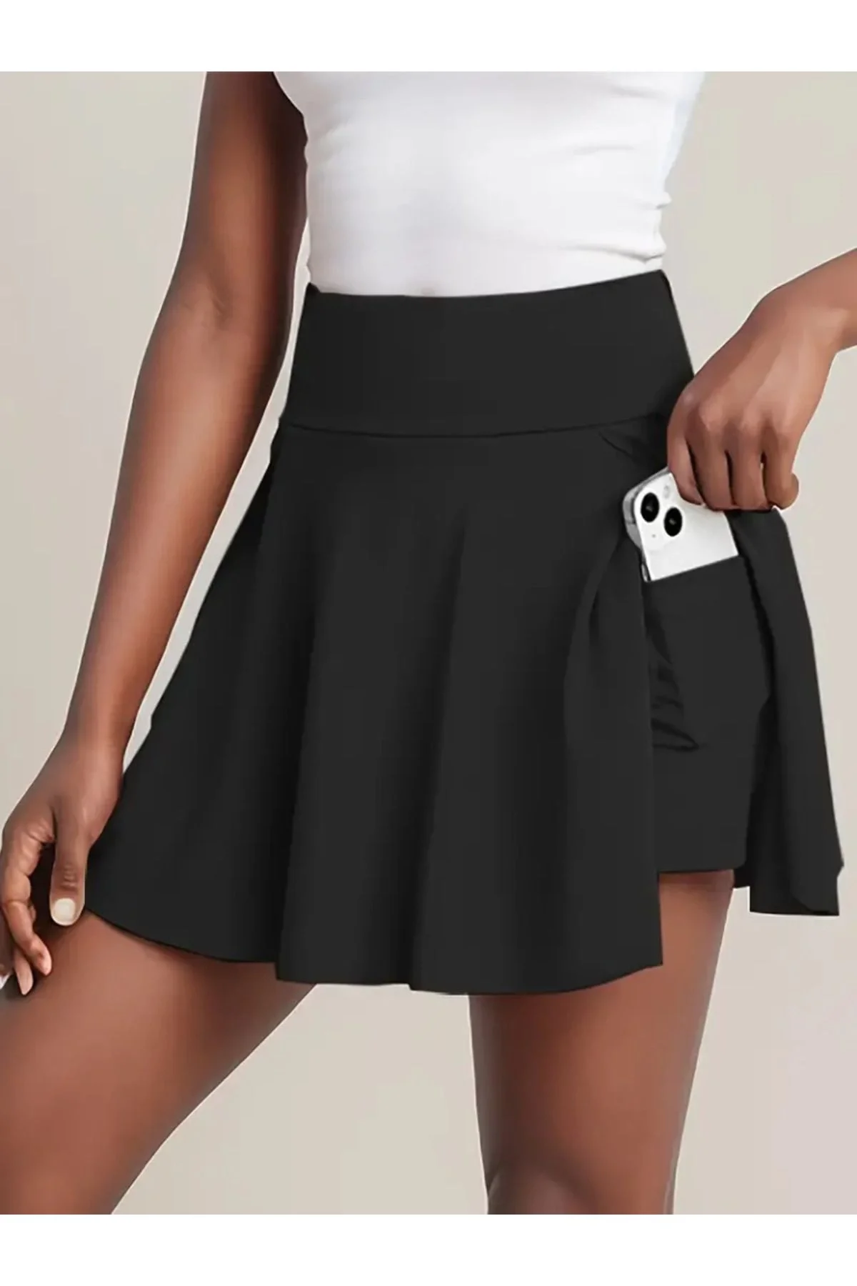 Kadın Yüksek Bel Cepli Kloş Kesim Şortlu Vücudu Saran Tenis Etek - Siyah