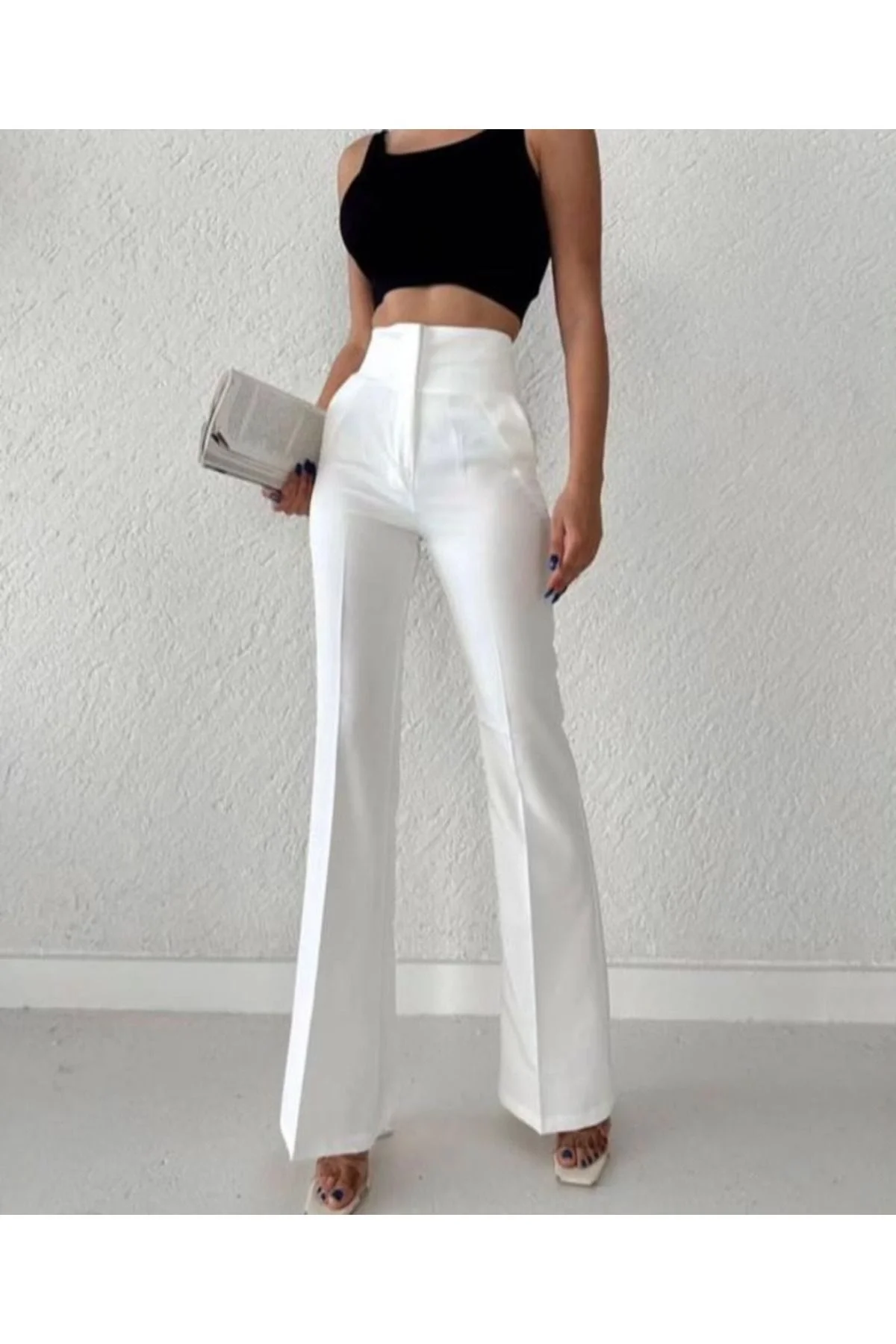 Kadın Yüksek Bel Önü Düğmeli İspanyol Paça Parlak Atlas Kumaş Pantolon - Beyaz