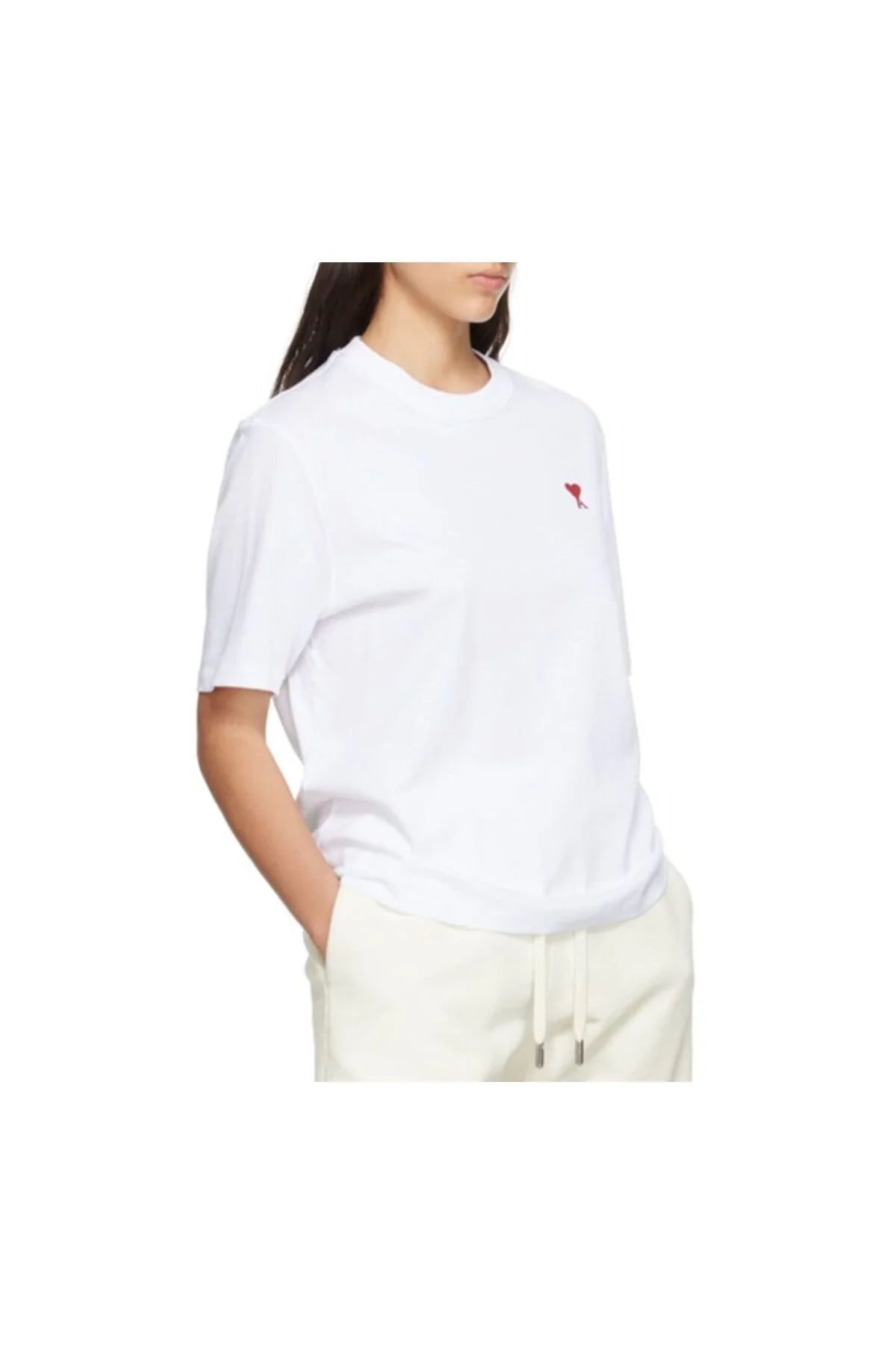 Kadın Minimal Kalp Nakışlı Bisiklet Yaka Dökümlü Salaş Rahat Kesim Oversize Tişört - Beyaz
