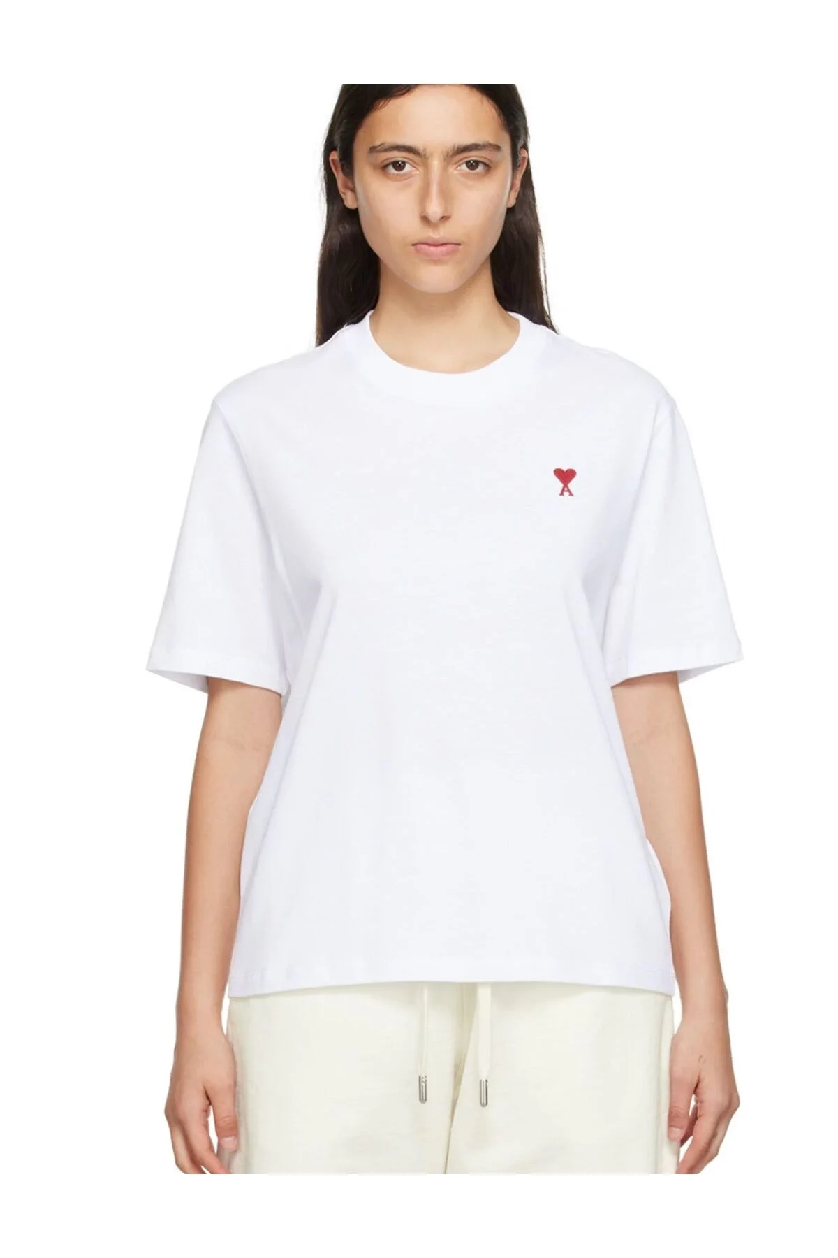 Kadın Minimal Kalp Nakışlı Bisiklet Yaka Dökümlü Salaş Rahat Kesim Oversize Tişört - Beyaz