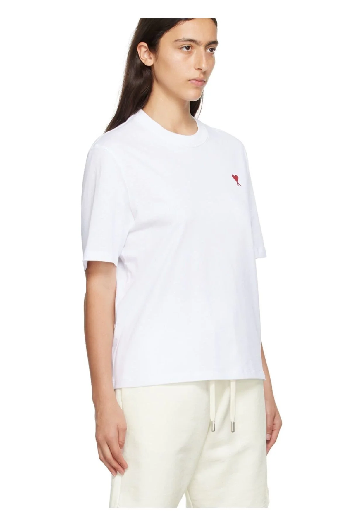 Kadın Minimal Kalp Nakışlı Bisiklet Yaka Dökümlü Salaş Rahat Kesim Oversize Tişört - Beyaz