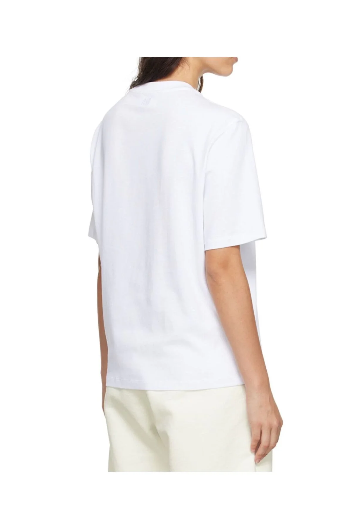 Kadın Minimal Kalp Nakışlı Bisiklet Yaka Dökümlü Salaş Rahat Kesim Oversize Tişört - Beyaz