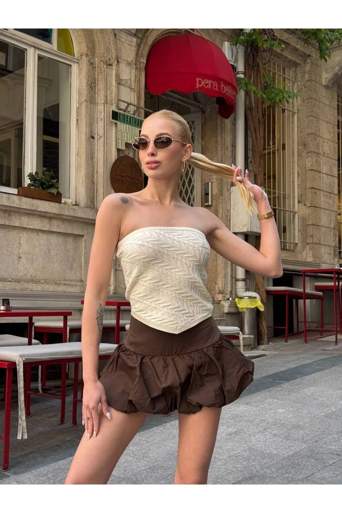 Kadın Straplez Asimetrik Kesim Örgü Desenli Triko Crop Büstiyer Top - Ekru