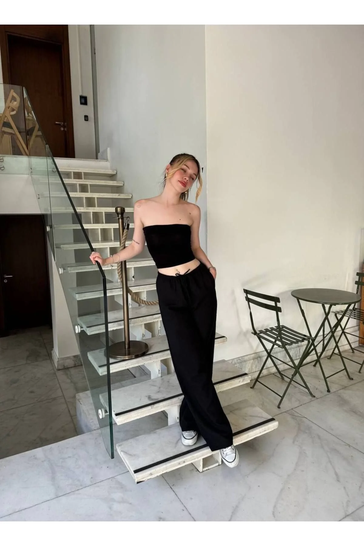 Kadın Yüksek Bel Beli Lastikli Cepli Salaş Palazzo Keten Pantolon - Siyah