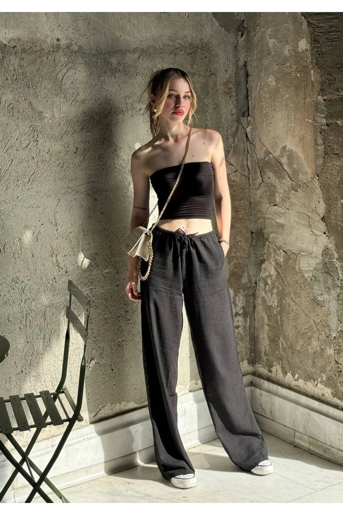 Kadın Yüksek Bel Beli Lastikli Cepli Salaş Palazzo Keten Pantolon - Siyah