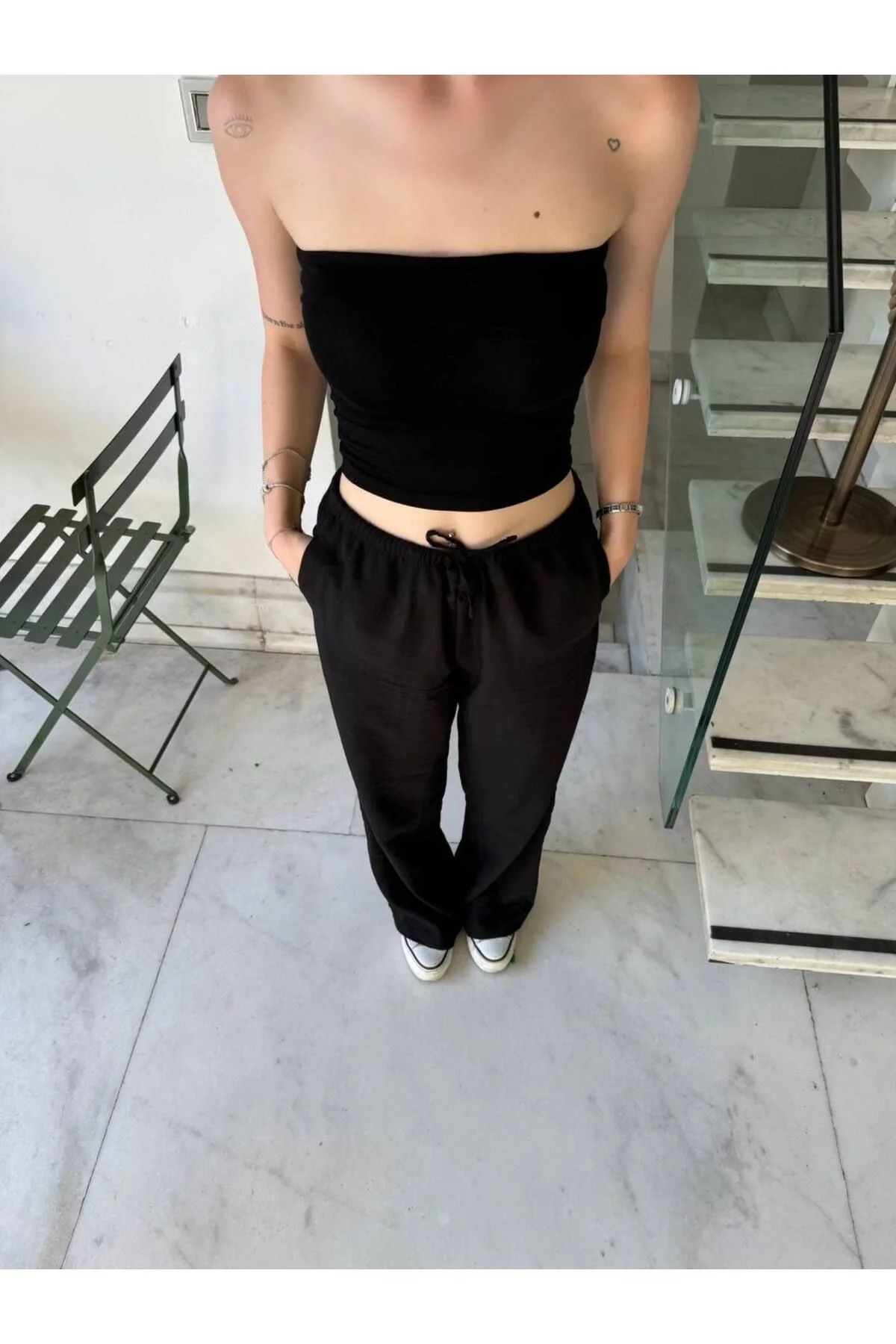 Kadın Yüksek Bel Beli Lastikli Cepli Salaş Palazzo Keten Pantolon - Siyah