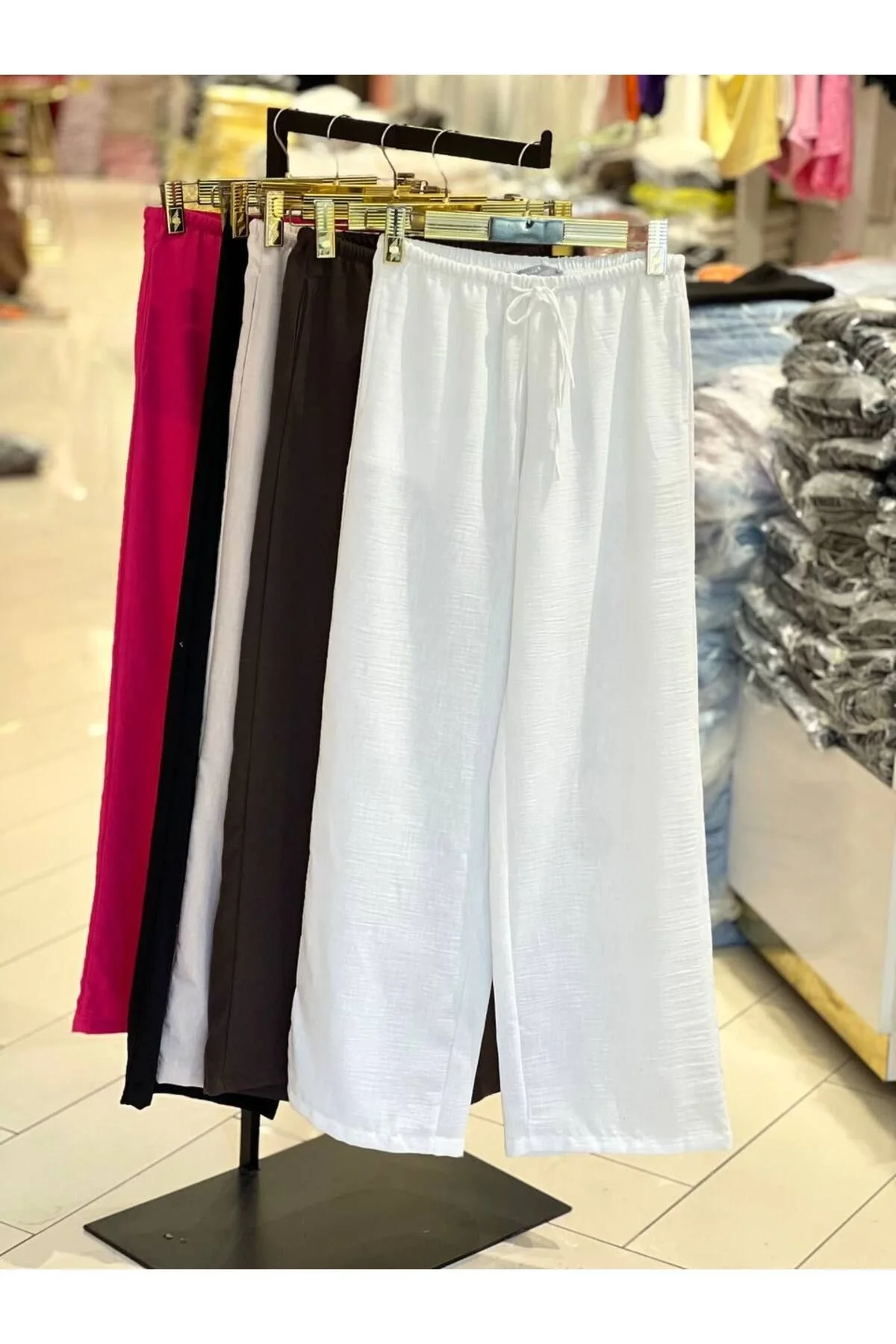 Kadın Yüksek Bel Beli Lastikli Cepli Salaş Palazzo Keten Pantolon - Siyah