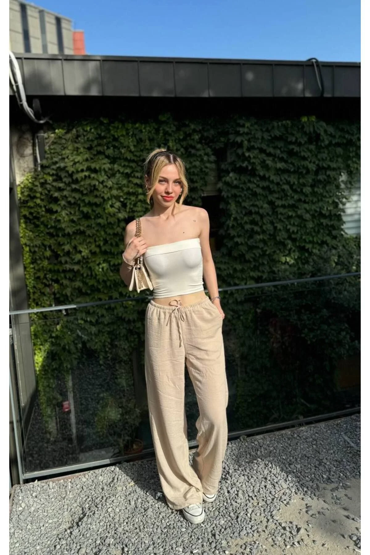 Kadın Yüksek Bel Beli Lastikli Cepli Salaş Palazzo Keten Pantolon - Beyaz