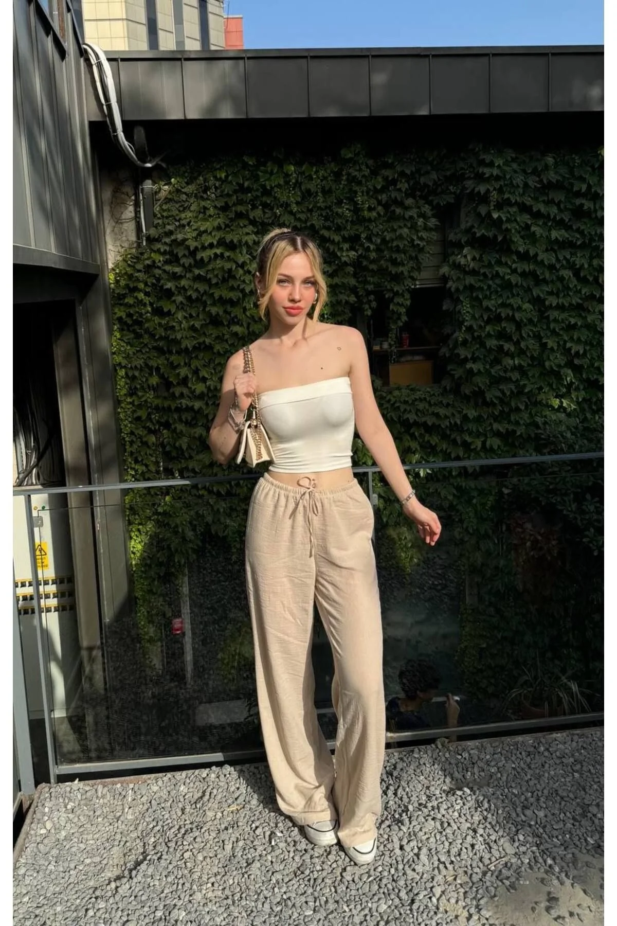 Kadın Yüksek Bel Beli Lastikli Cepli Salaş Palazzo Keten Pantolon - Beyaz