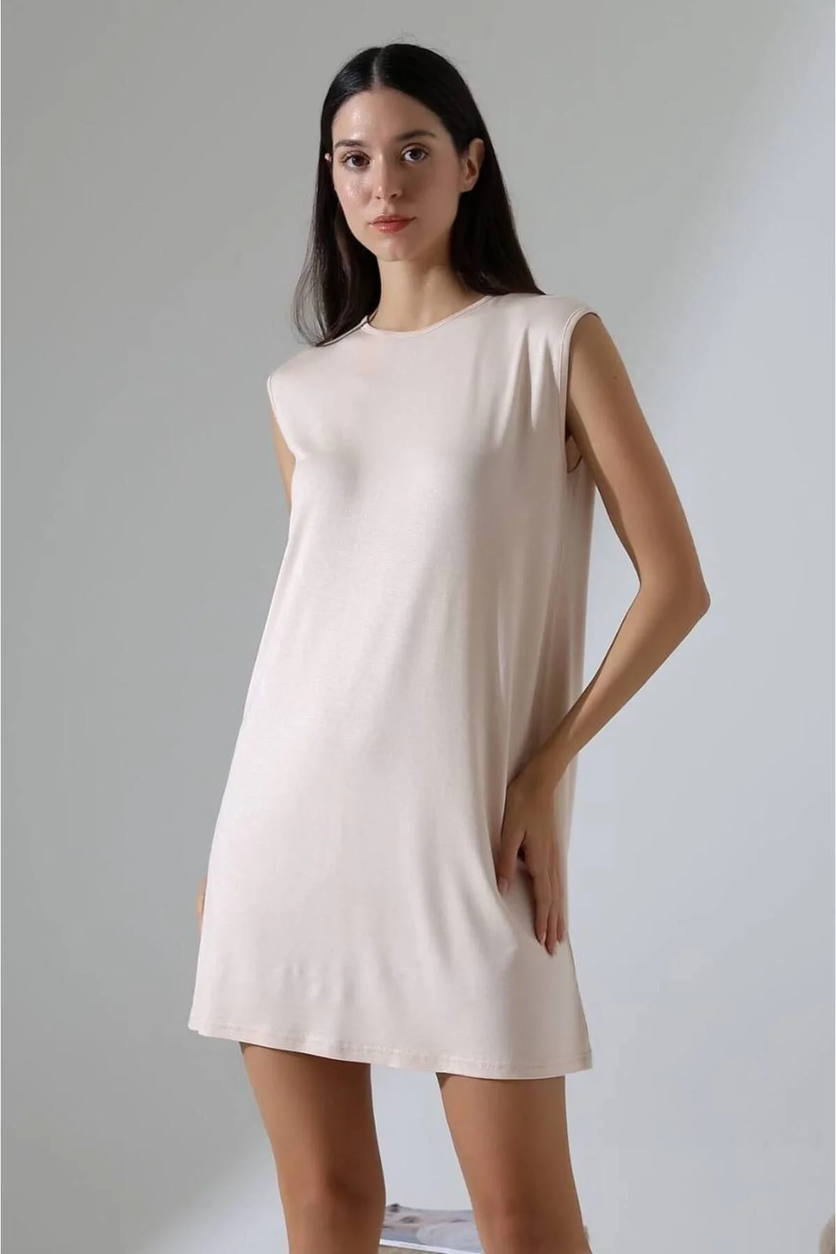 Kadın Bisiklet Yaka Vatkalı Kolsuz Oversize Penye T-shirt Tunik Elbise - Krem