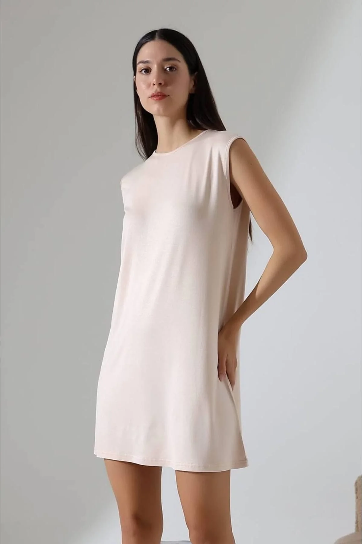 Kadın Bisiklet Yaka Vatkalı Kolsuz Oversize Penye T-shirt Tunik Elbise - Krem