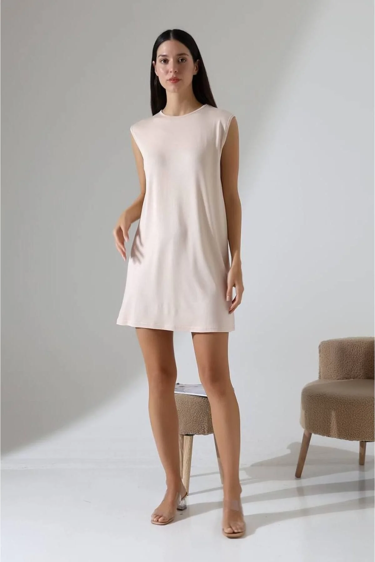 Kadın Bisiklet Yaka Vatkalı Kolsuz Oversize Penye T-shirt Tunik Elbise - Krem