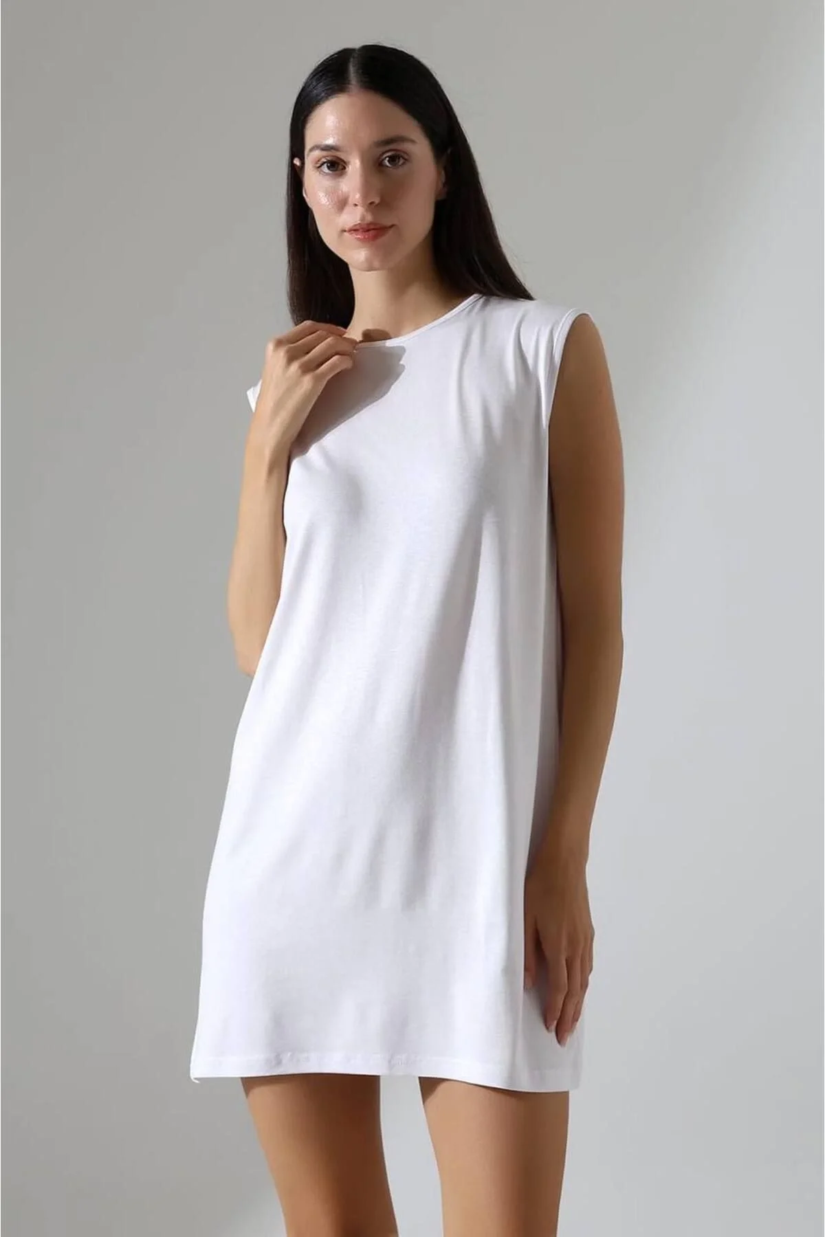 Kadın Bisiklet Yaka Vatkalı Kolsuz Oversize Penye T-shirt Tunik Elbise - Beyaz