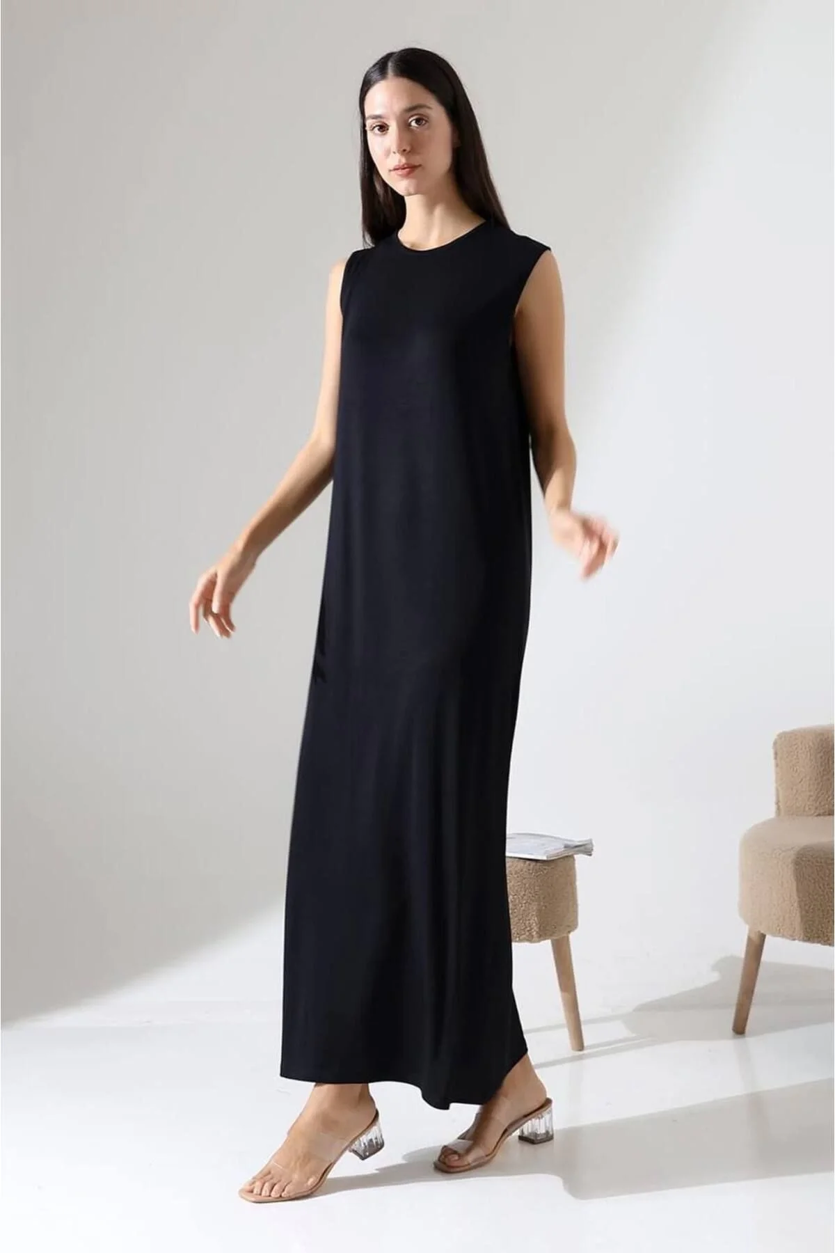 Kadın Bisiklet Yaka Vatkalı Kolsuz Oversize Penye T-shirt Tunik Elbise - Siyah