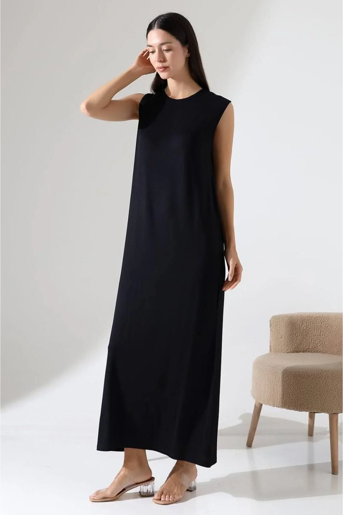 Kadın Bisiklet Yaka Vatkalı Kolsuz Oversize Penye T-shirt Tunik Elbise - Siyah