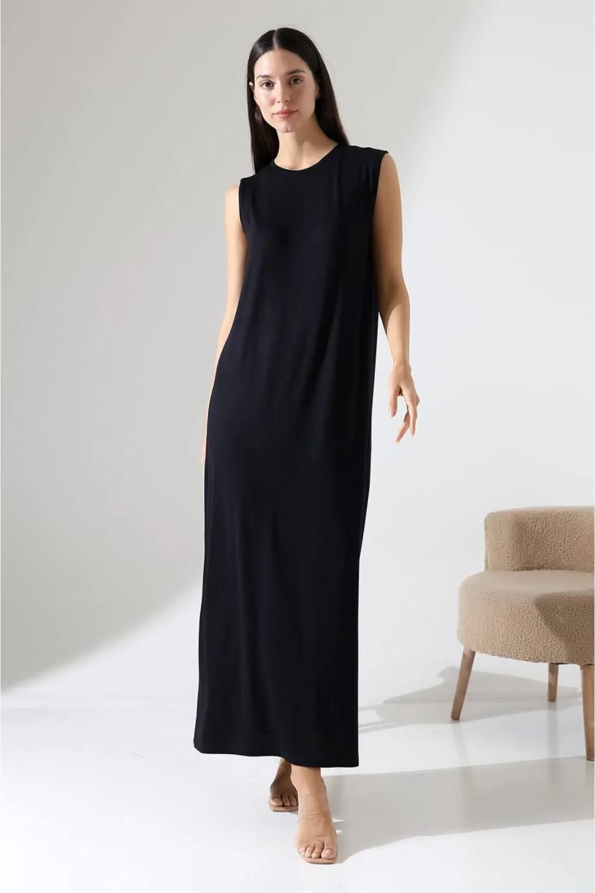 Kadın Bisiklet Yaka Vatkalı Kolsuz Oversize Penye T-shirt Tunik Elbise - Siyah