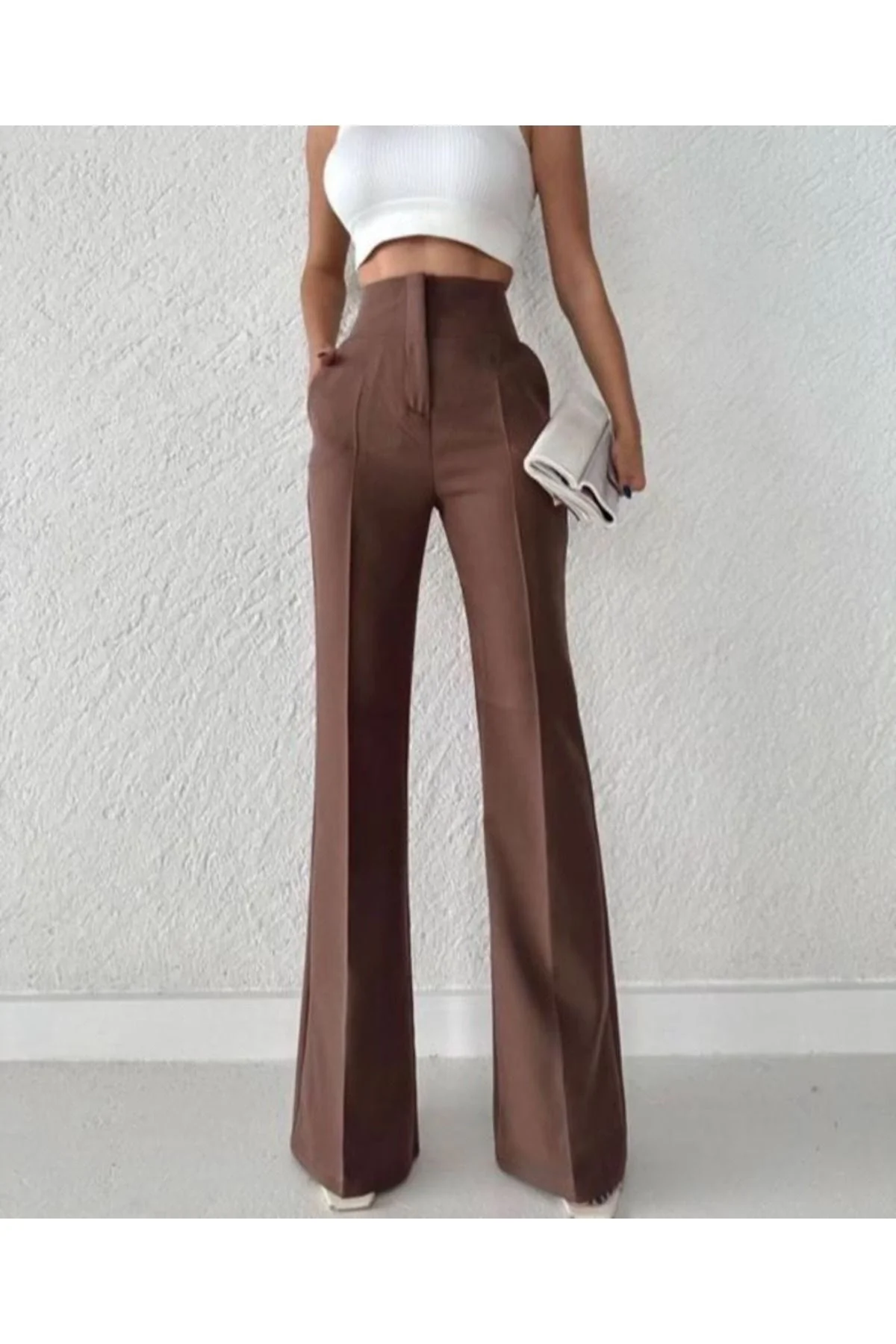Kadın Yüksek Bel Toparlayıcı Atlas Kumaş İspanyol Paça Pantolon - Kahverengi