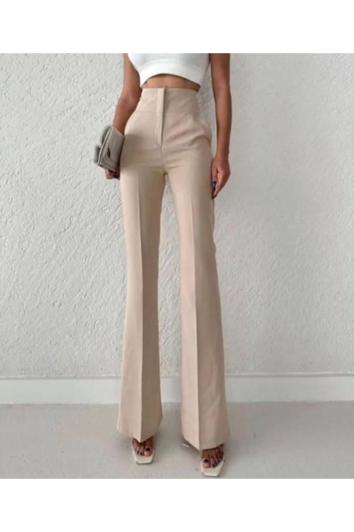 Kadın Yüksek Bel Toparlayıcı Atlas Kumaş Vücudu Saran İspanyol Paça Pantolon - Bej