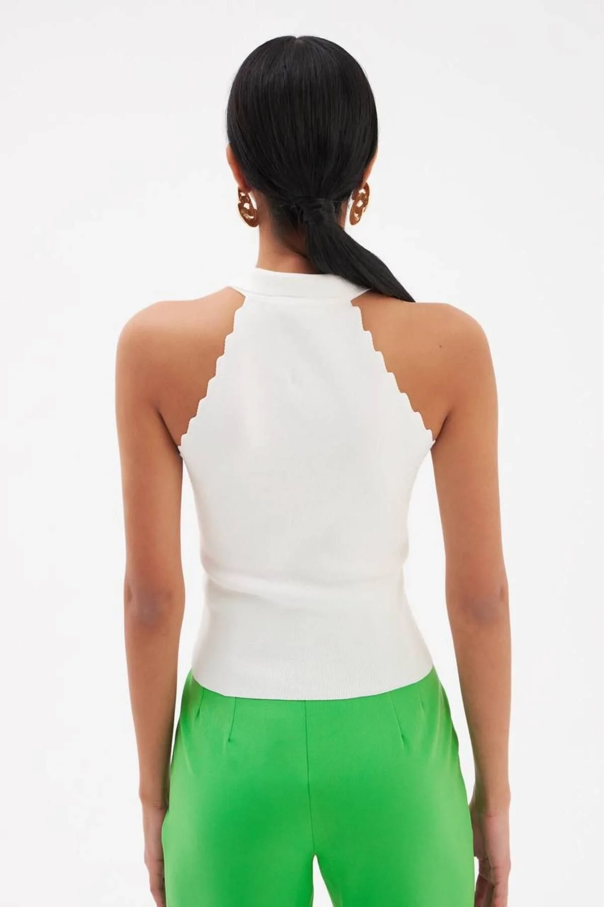 Kadın Polo Yaka Halter Yaka Kenarları Tırtıklı Sırtı Açık Triko Bluz - Yeşil