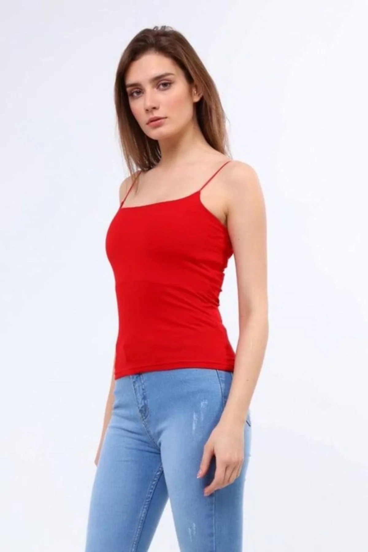 Kadın Kırmızı Kare Yaka İp Askılı Vücudu Saran Esnek Pamuklu Basic Atlet