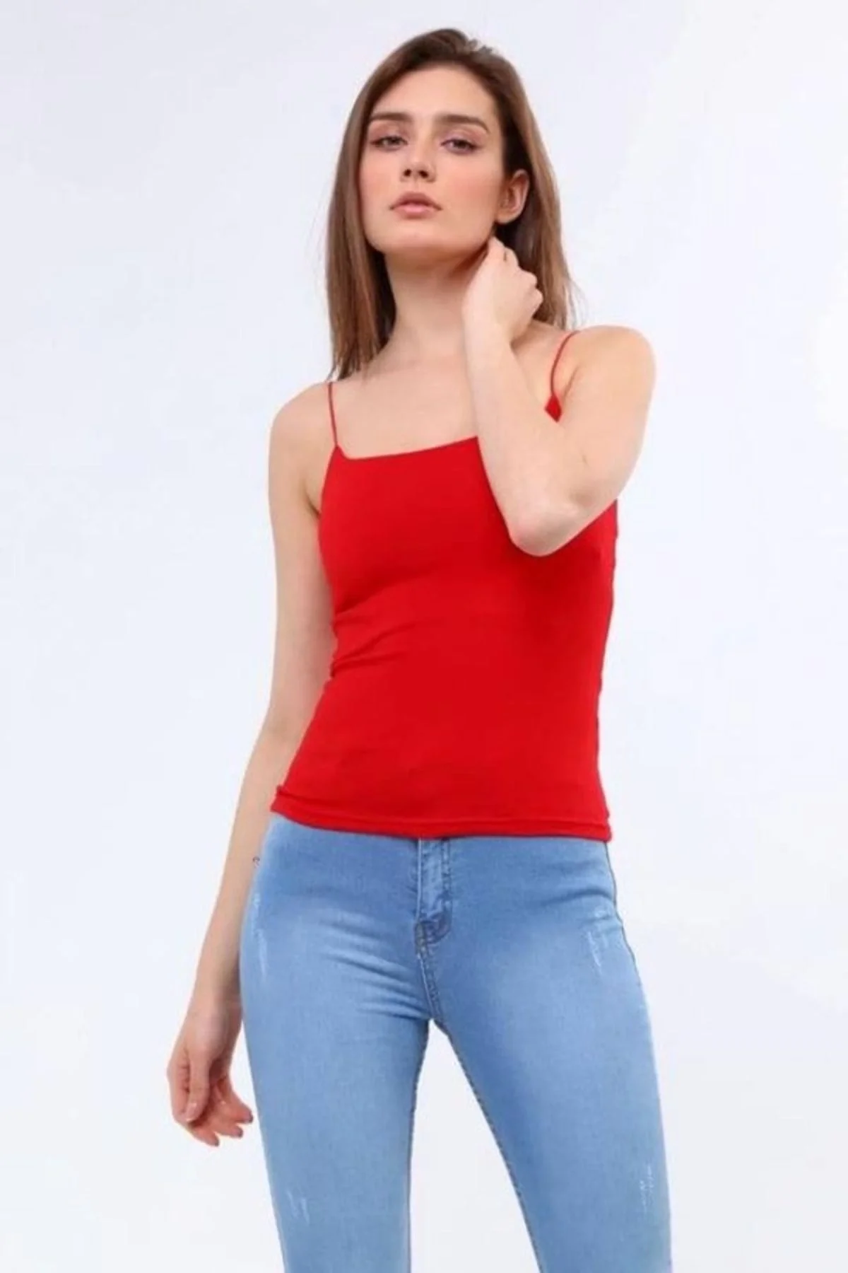 Kadın Kırmızı Kare Yaka İp Askılı Vücudu Saran Esnek Pamuklu Basic Atlet