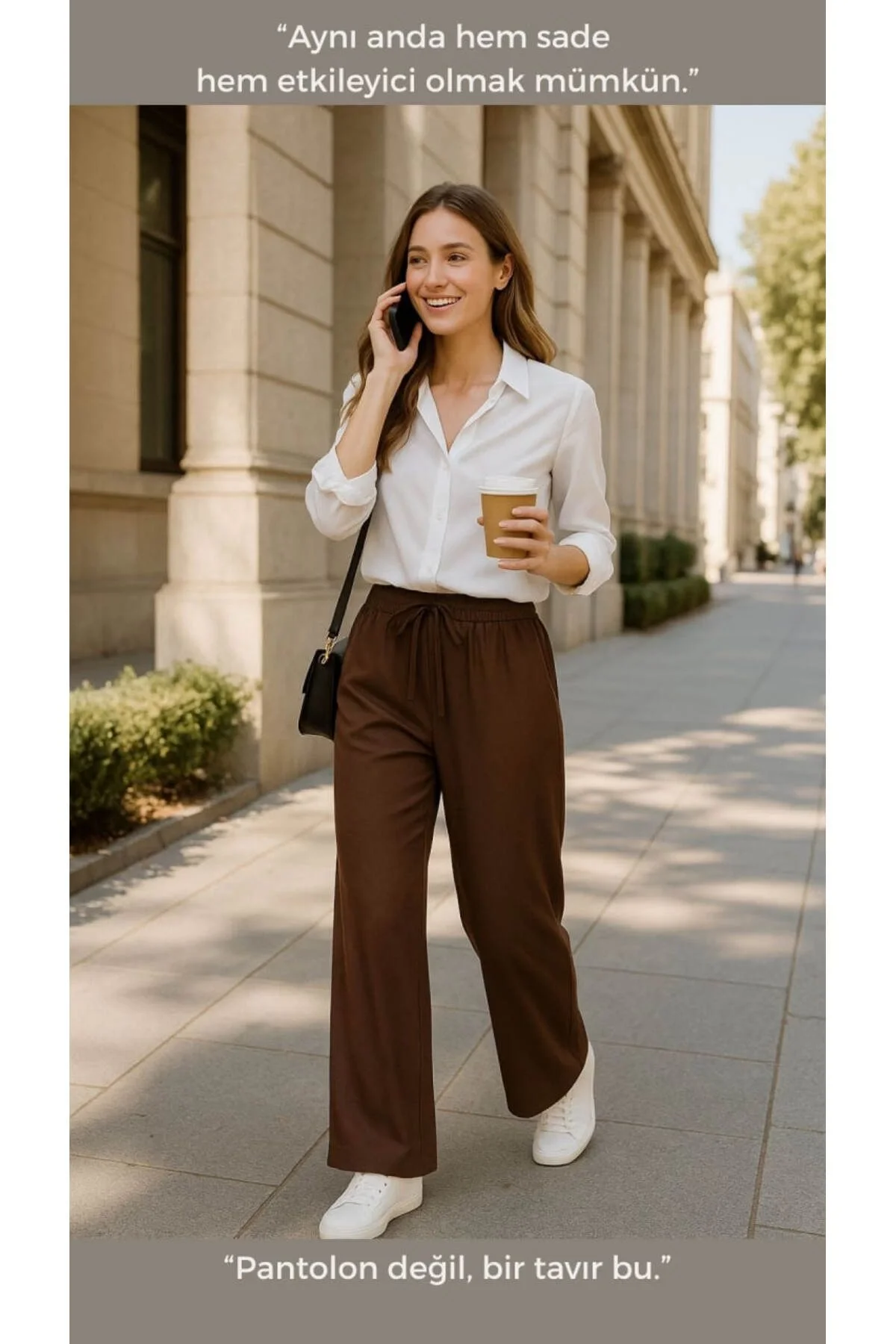 Kadın Yüksek Bel Beli Lastikli ve Bağcıklı Cepli Palazzo Kumaş Pantolon - Kahverengi