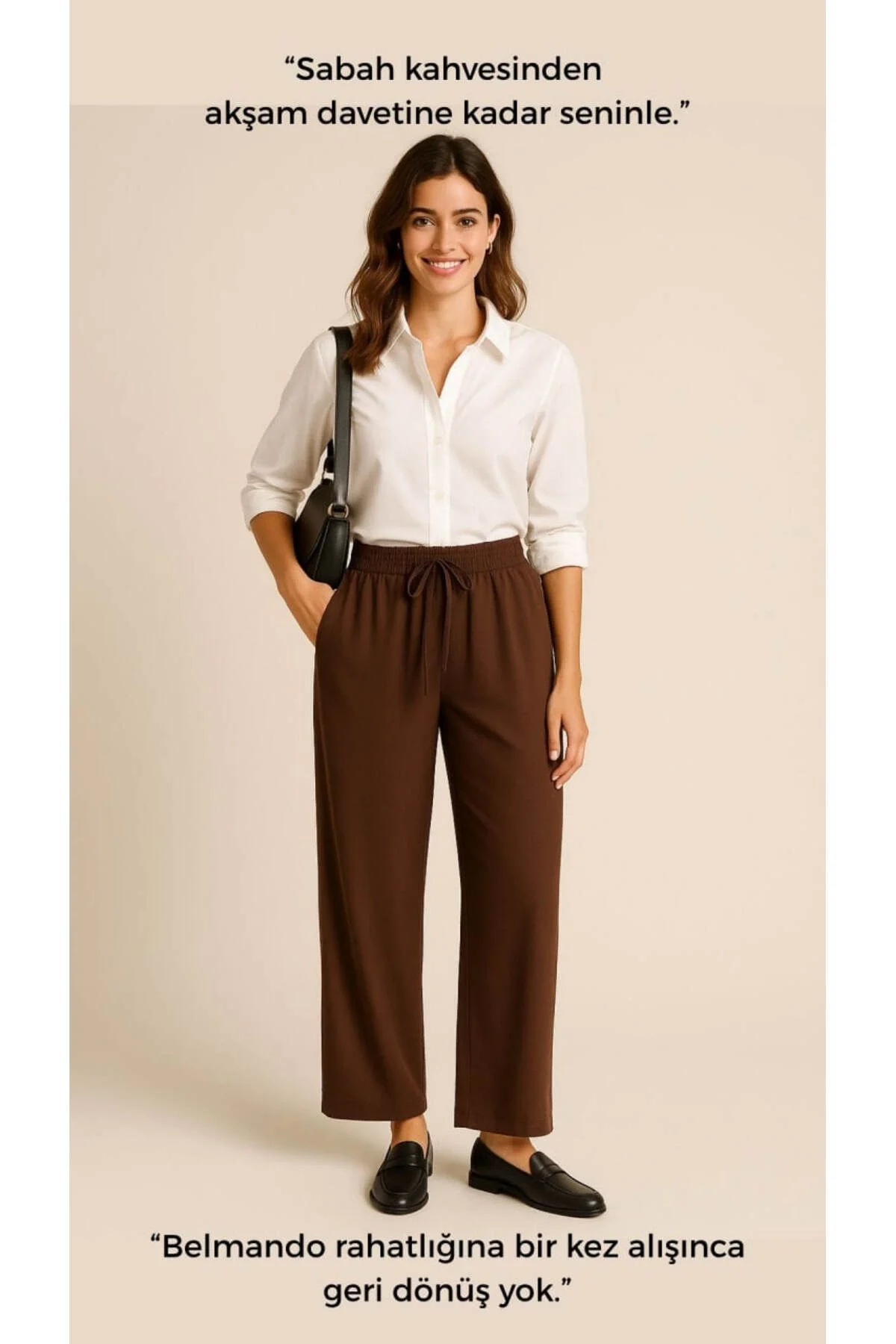 Kadın Yüksek Bel Beli Lastikli ve Bağcıklı Cepli Palazzo Kumaş Pantolon - Kahverengi