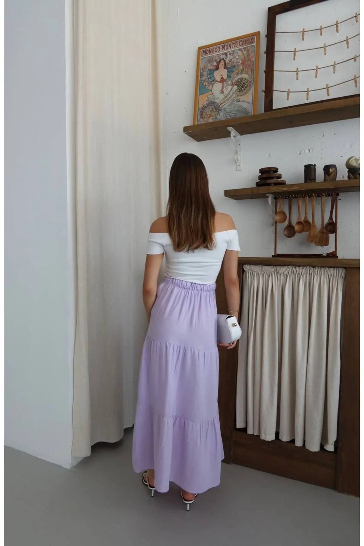 Kadın Yüksek Bel Beli Lastikli ve Bağcıklı Kat Kat Astarlı Poplin Uzun Etek - Lila