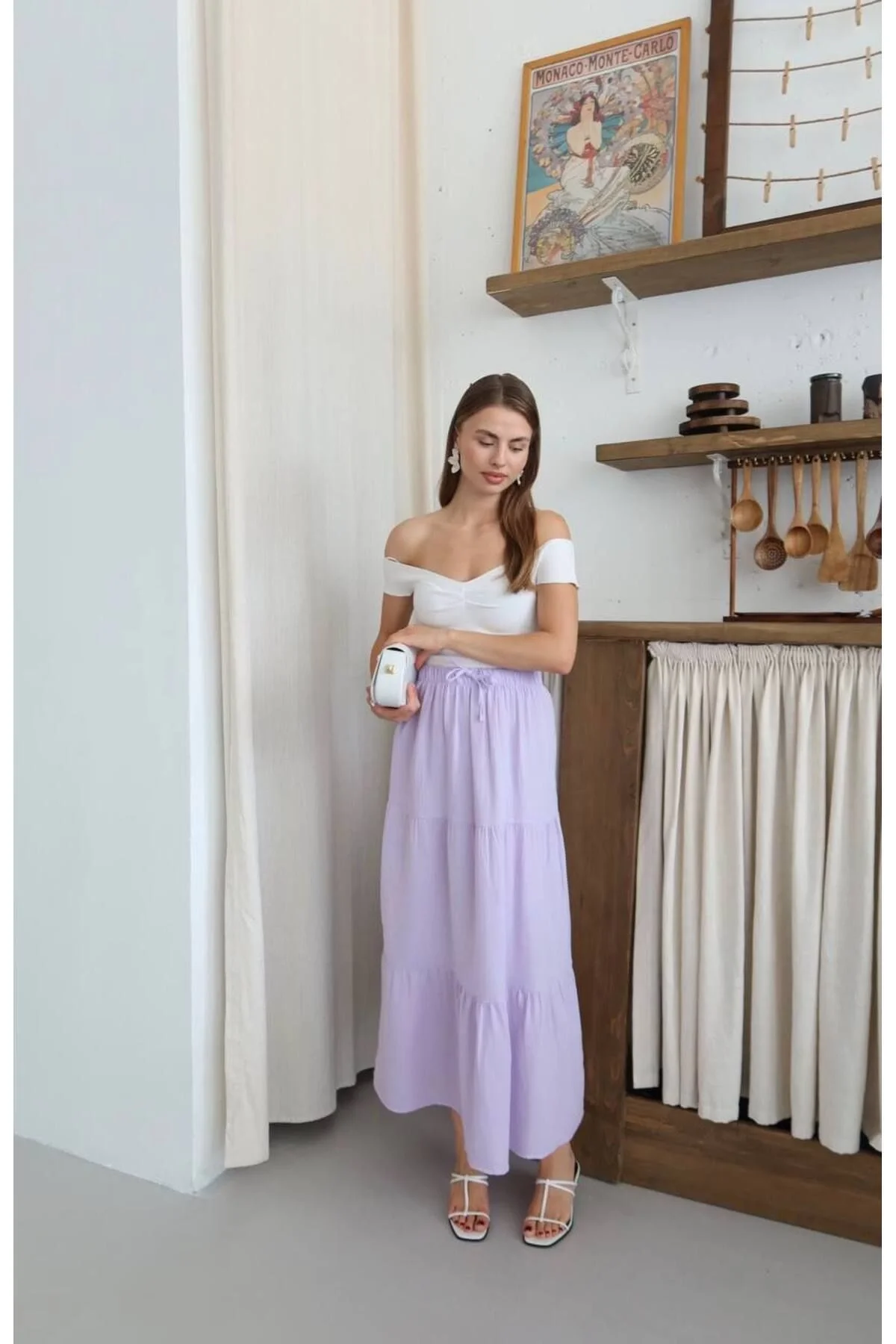 Kadın Yüksek Bel Beli Lastikli ve Bağcıklı Kat Kat Astarlı Poplin Uzun Etek - Lila