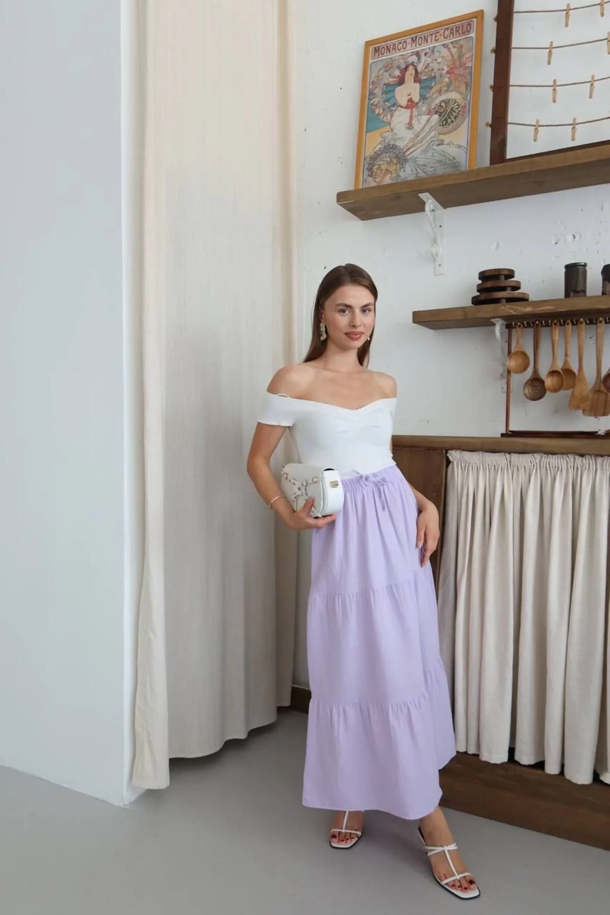 Kadın Yüksek Bel Beli Lastikli ve Bağcıklı Kat Kat Astarlı Poplin Uzun Etek - Lila