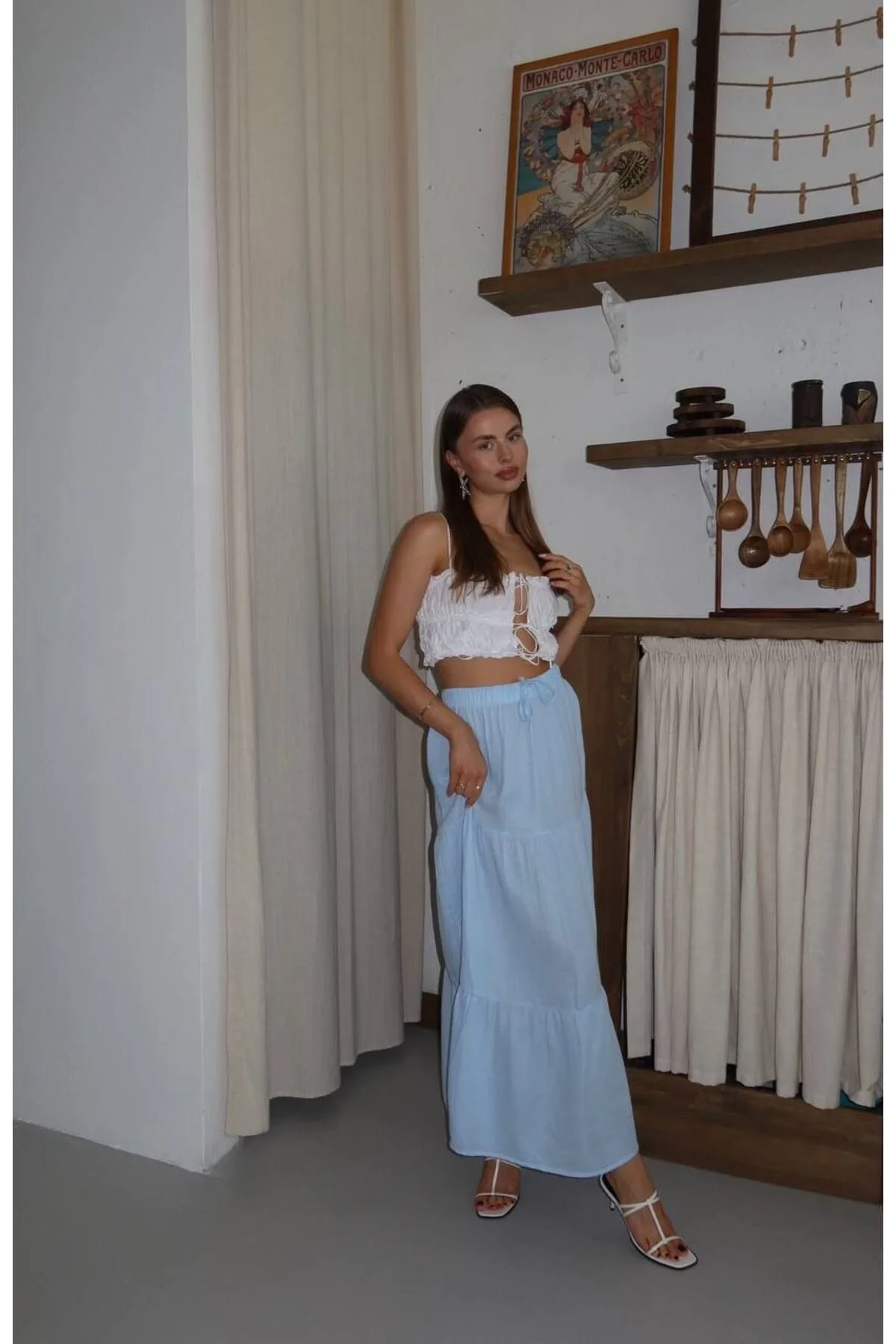 Kadın Yüksek Bel Beli Lastikli ve Bağcıklı Kat Kat Astarlı Poplin Uzun Etek - Mavi