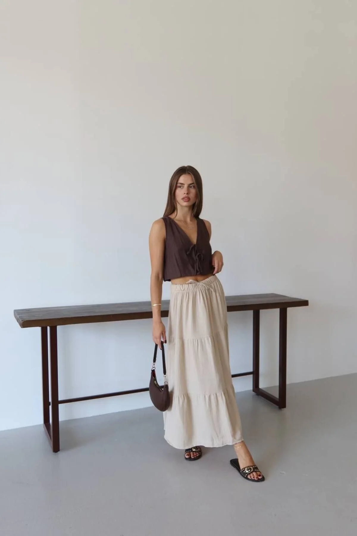 Kadın Yüksek Bel Beli Lastikli ve Bağcıklı Kat Kat Astarlı Poplin Uzun Etek - Bej