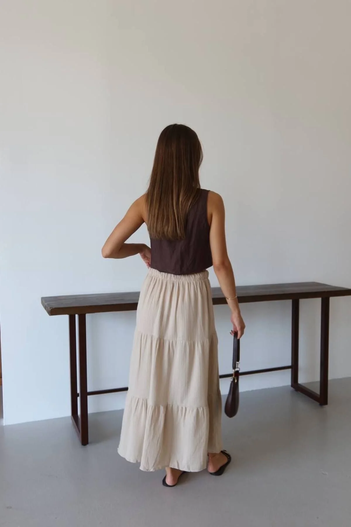 Kadın Yüksek Bel Beli Lastikli ve Bağcıklı Kat Kat Astarlı Poplin Uzun Etek - Bej