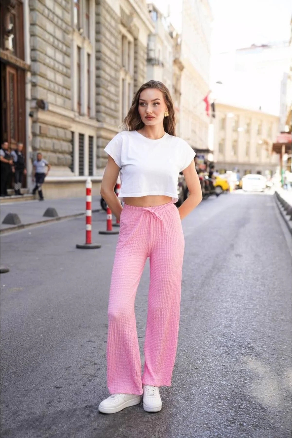 Kadın Yüksek Bel Beli Bağcıklı Cepli Gofre Kumaş Palazzo Pantolon - Pembe