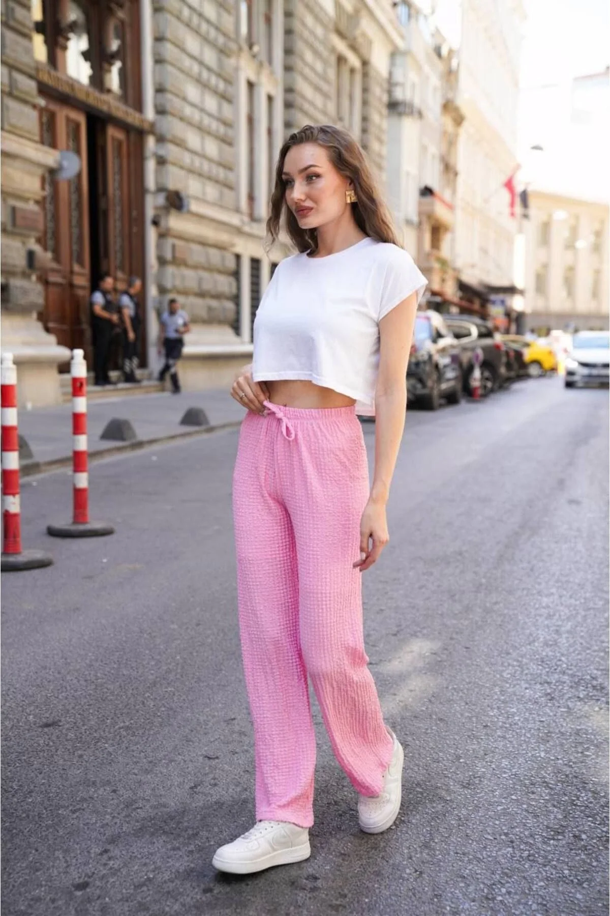 Kadın Yüksek Bel Beli Bağcıklı Cepli Gofre Kumaş Palazzo Pantolon - Pembe